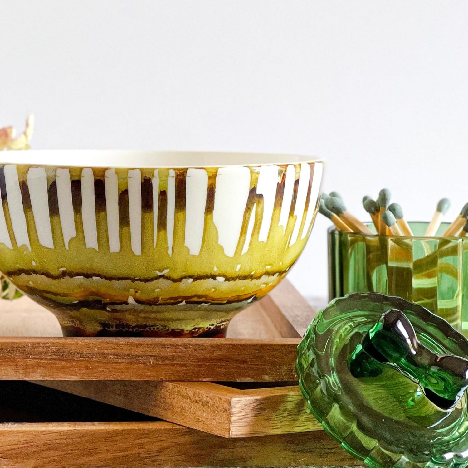 drippy muted green and brown handpainted three wick ceramic candle