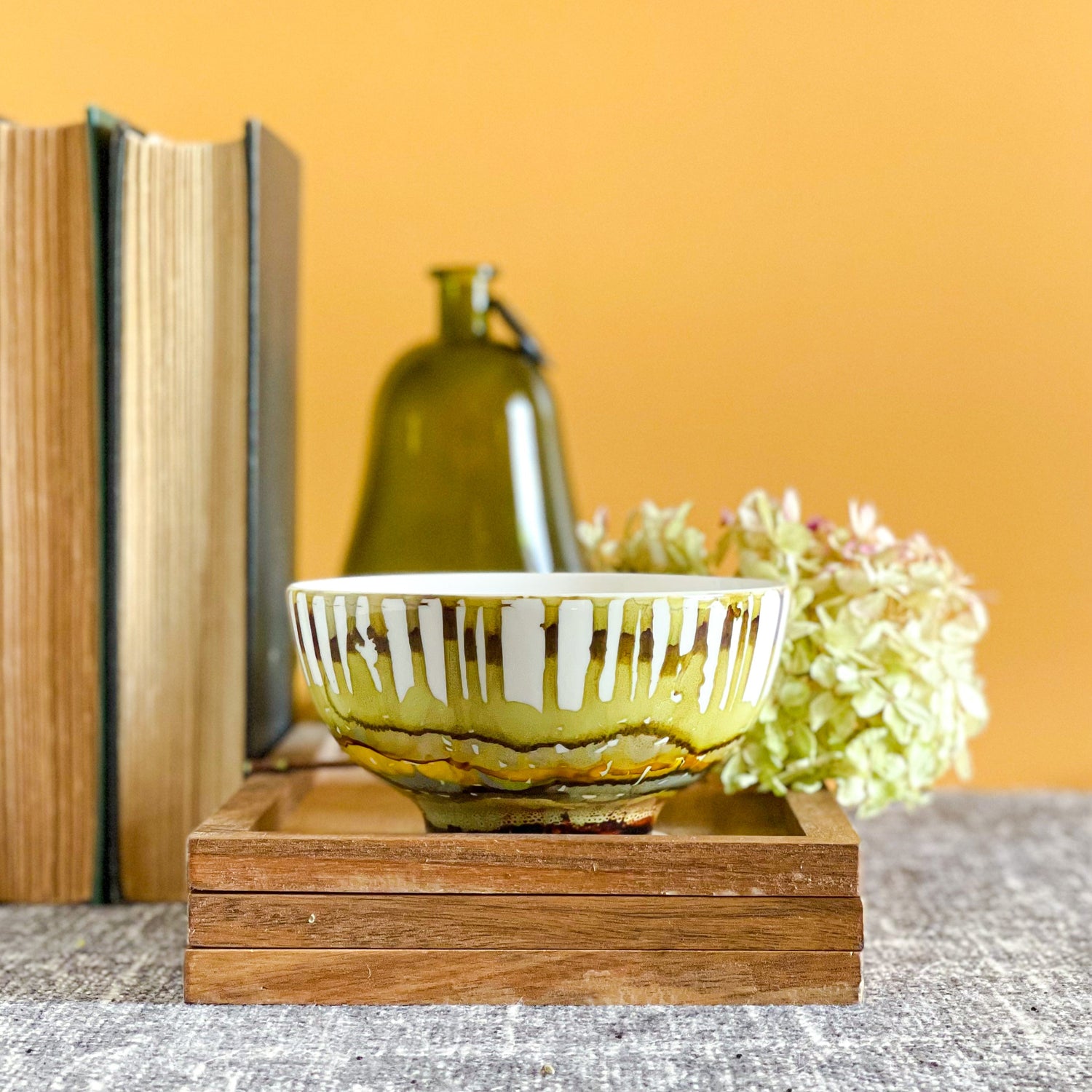 muted green and brown handpainted three wick ceramic candle