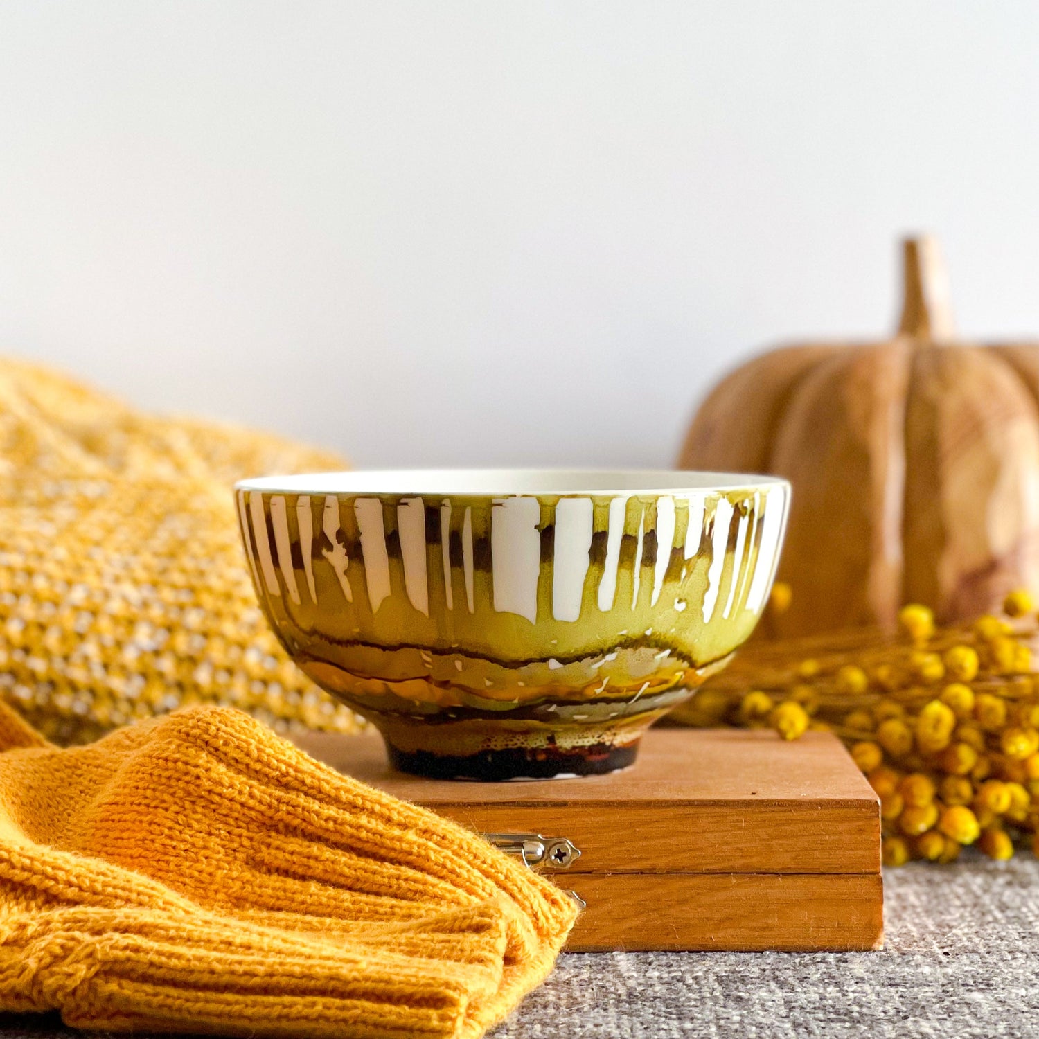 muted green and brown handpainted three wick ceramic candle