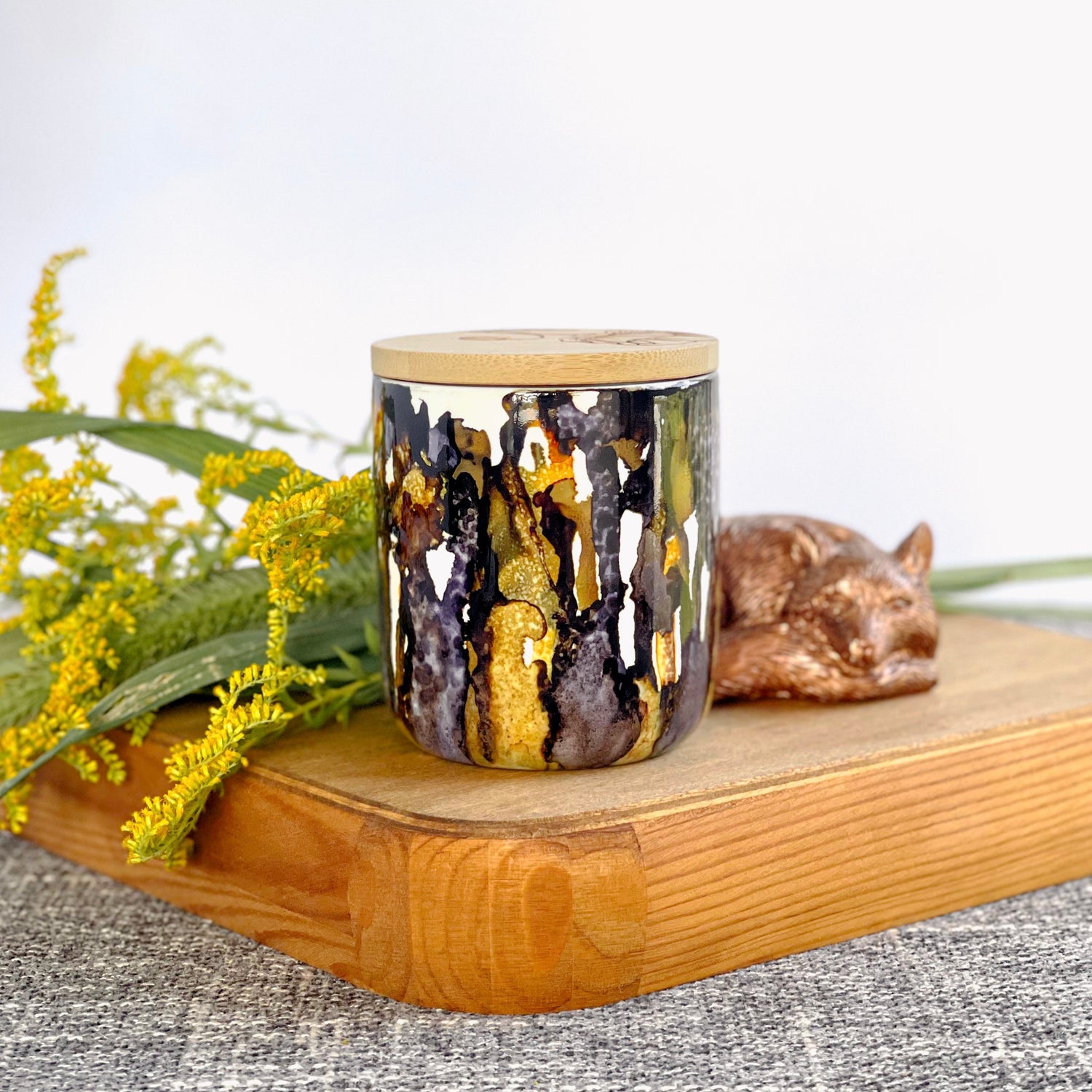 Mottled purple, mocha, and golden yellow handpainted ceramic candle, unique candles for fall