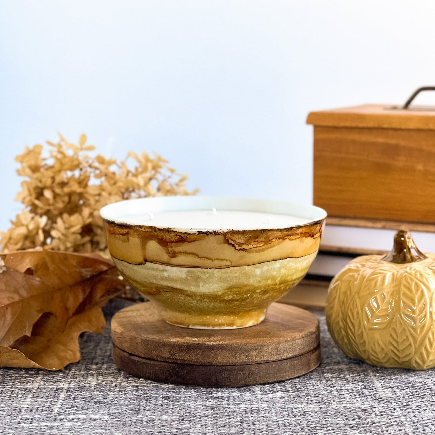 Handpainted fall candle in ombre shades of tan, scented fall candle in a ceramic vessel, unique candle for fall