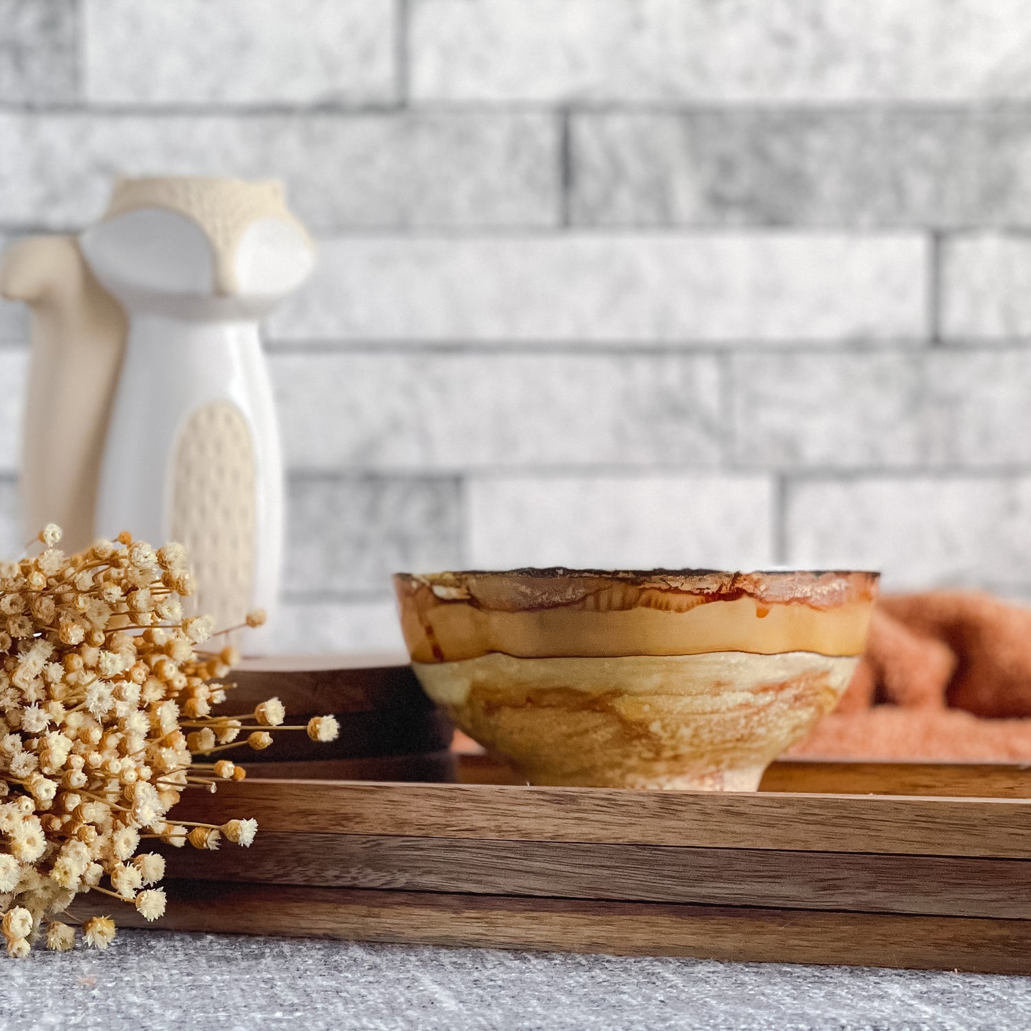 Handpainted fall candle in ombre shades of tan, scented fall candle in a ceramic vessel, unique candle for fall