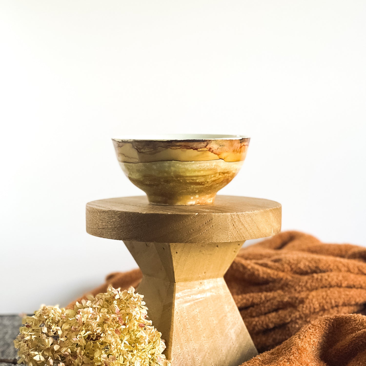 Handpainted fall candle in ombre shades of tan, scented fall candle in a ceramic vessel, unique candle for fall