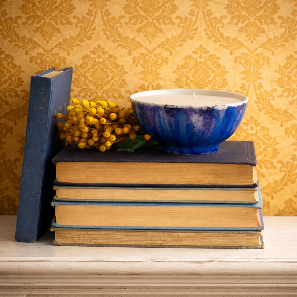 Handpainted, three wick ceramic candle in bold blues and a touch of purple on a shelf with books