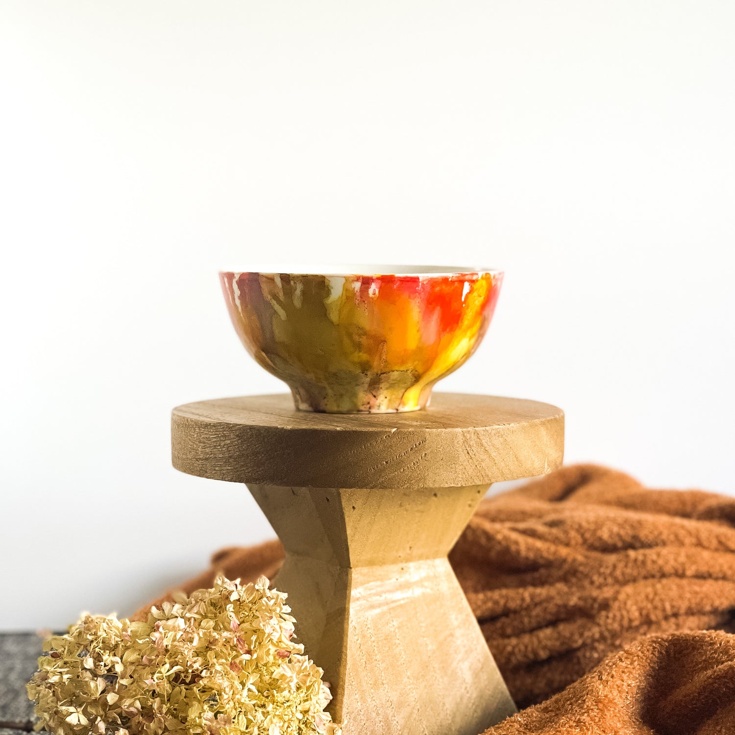 Deep red, dark yellow and soft brown fall candle in a ceramic vessel, unique candle for fall