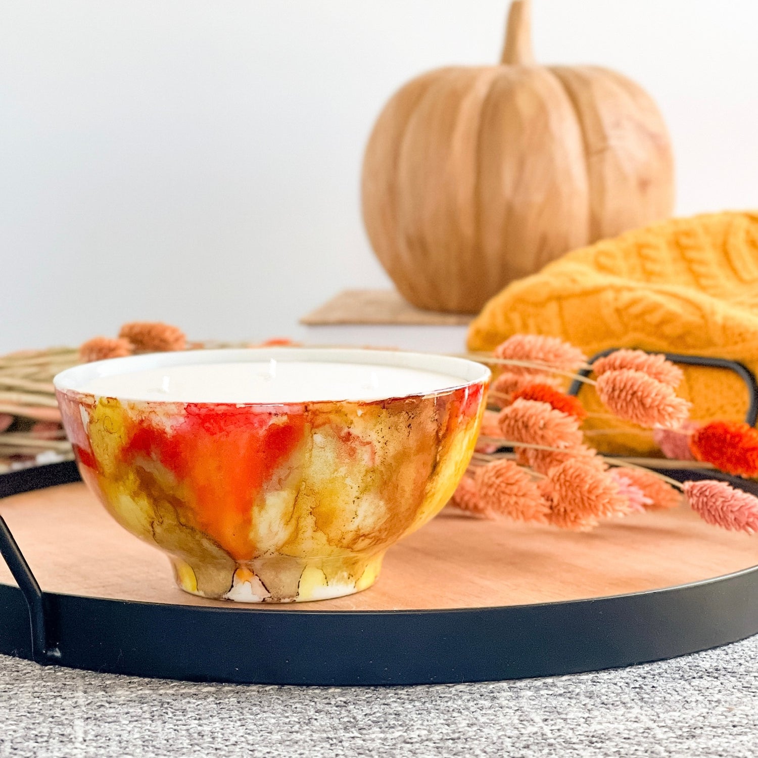 Deep red, dark yellow and soft brown fall candle in a ceramic vessel, unique candle for fall