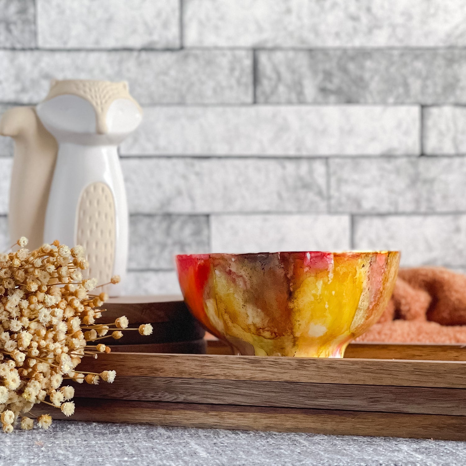 Deep red, dark yellow and soft brown fall candle in a ceramic vessel, unique candle for fall