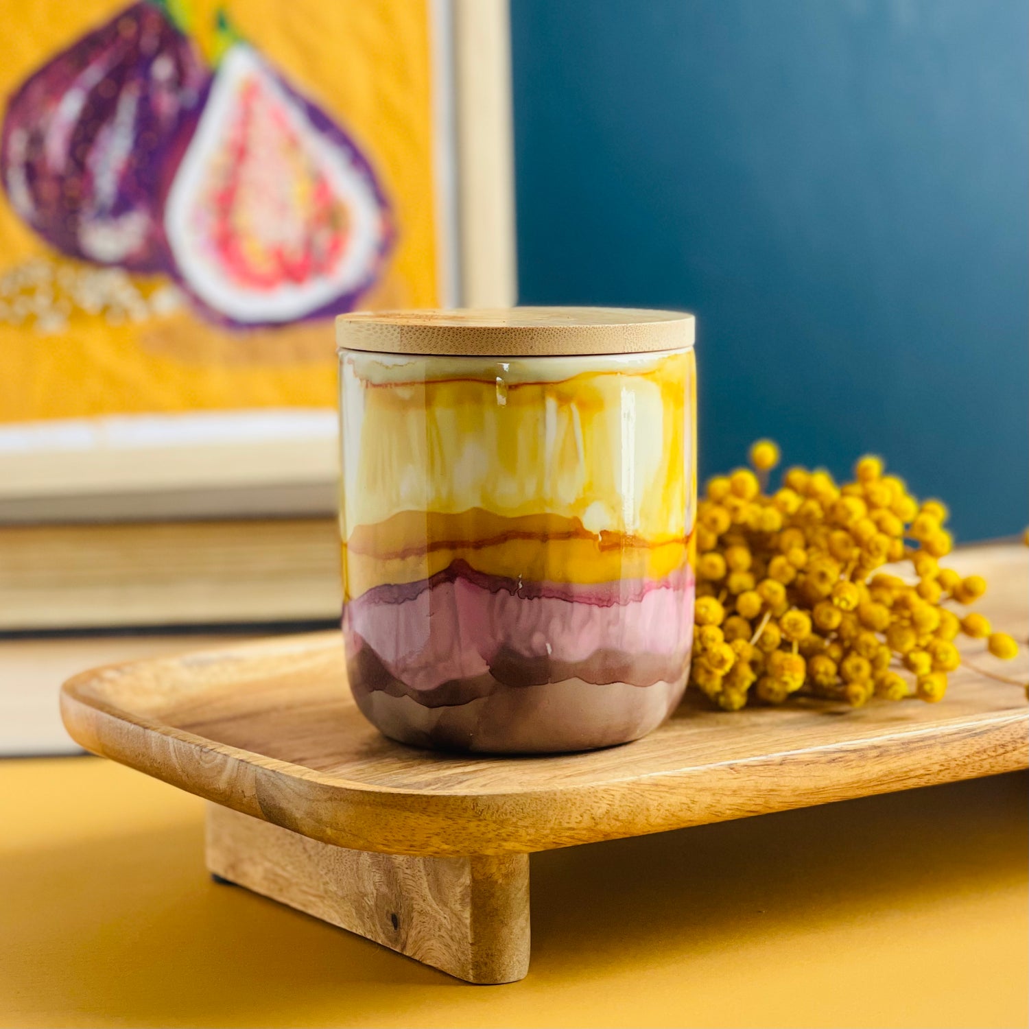 Handpainted ceramic candle in soft colors of dusk, unique candles for fall