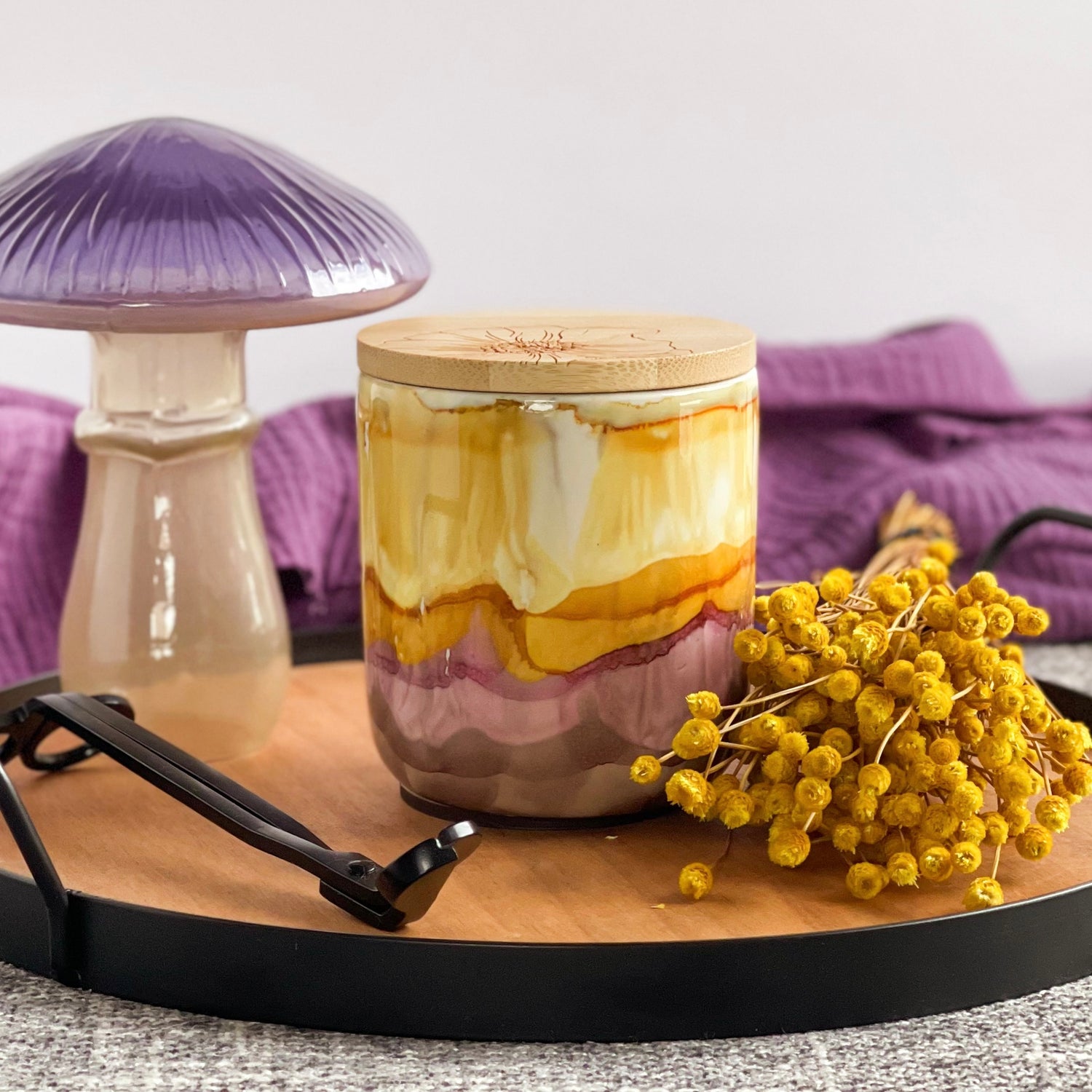 Handpainted ceramic candle in soft colors of dusk, unique candles for fall