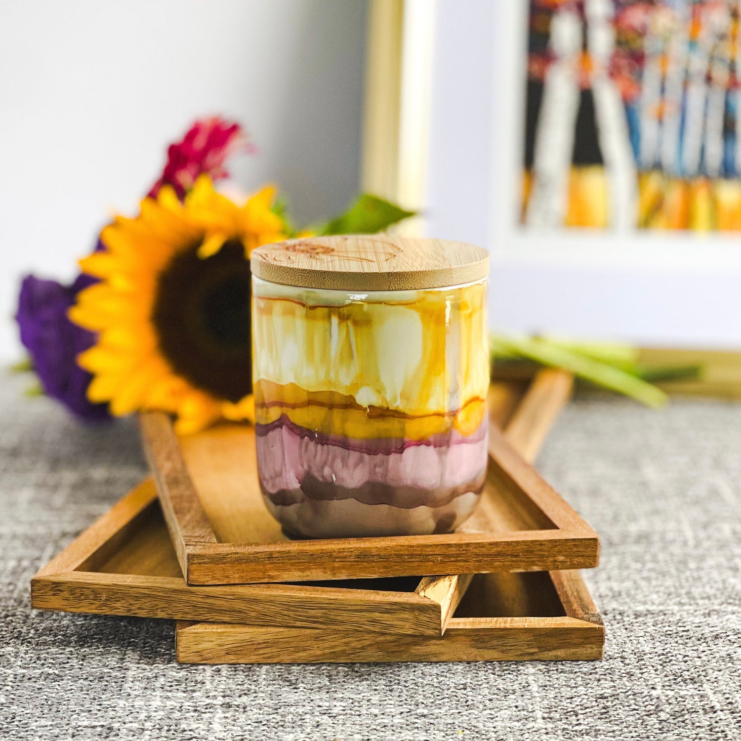 Handpainted ceramic candle in soft colors of dusk, unique candles for fall