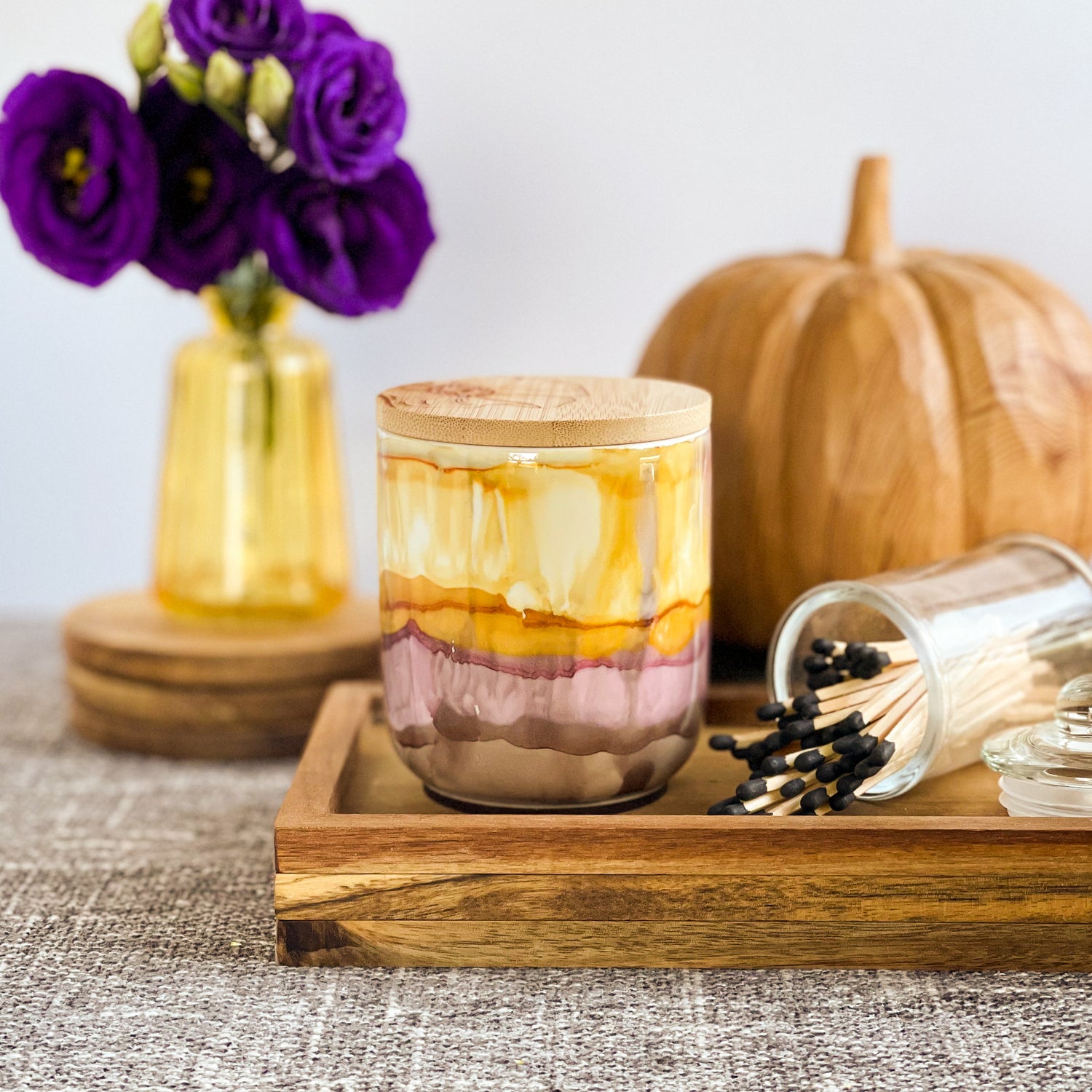 Handpainted ceramic candle in soft colors of dusk, unique candles for fall