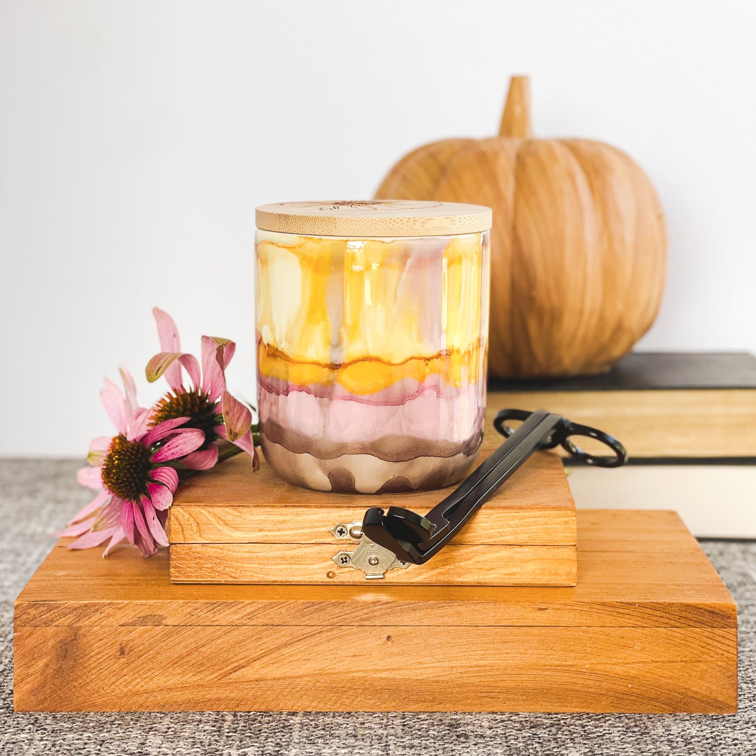 Handpainted ceramic candle in soft colors of dusk, unique candles for fall