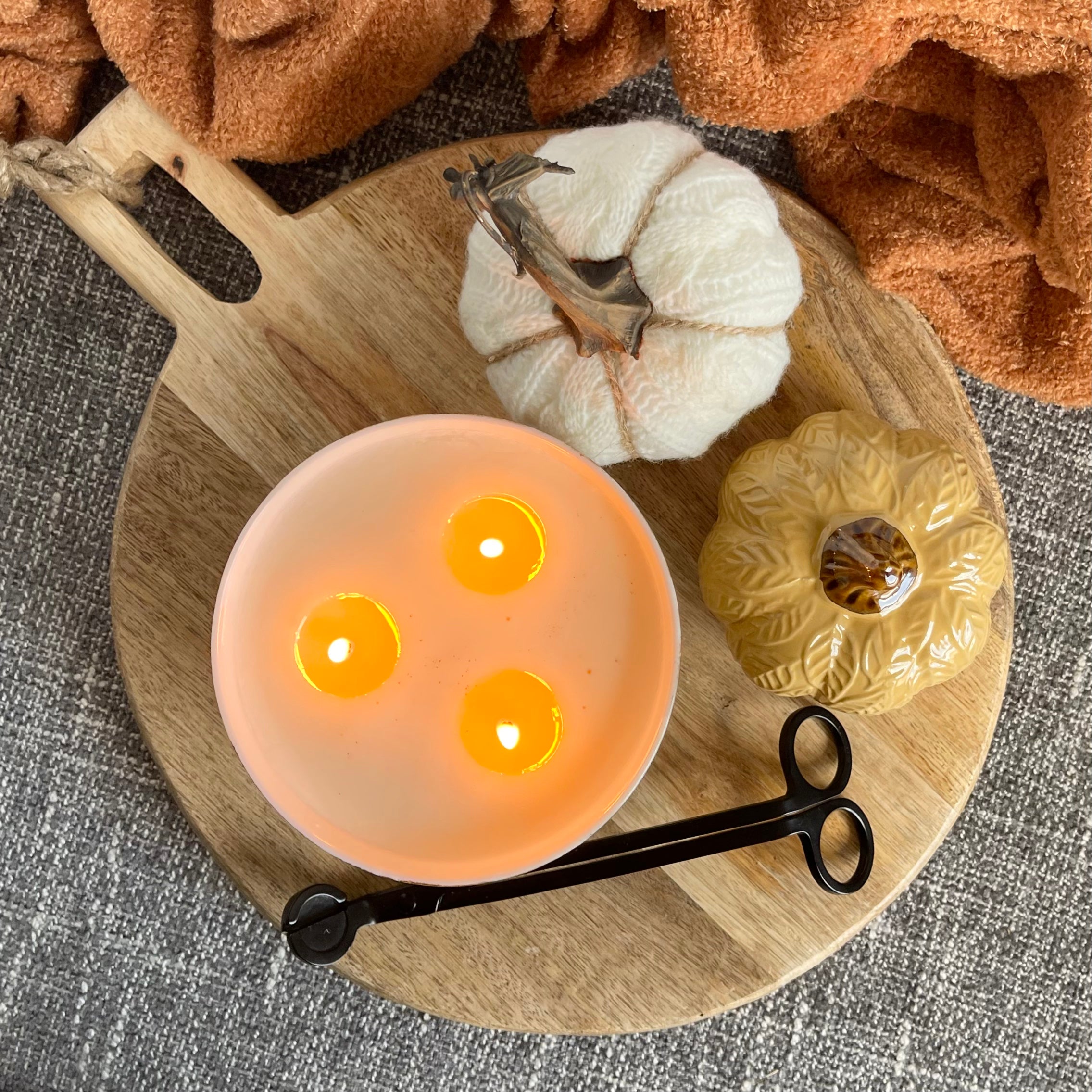 Deep red, dark yellow and soft brown fall candle in a ceramic vessel, unique candle for fall