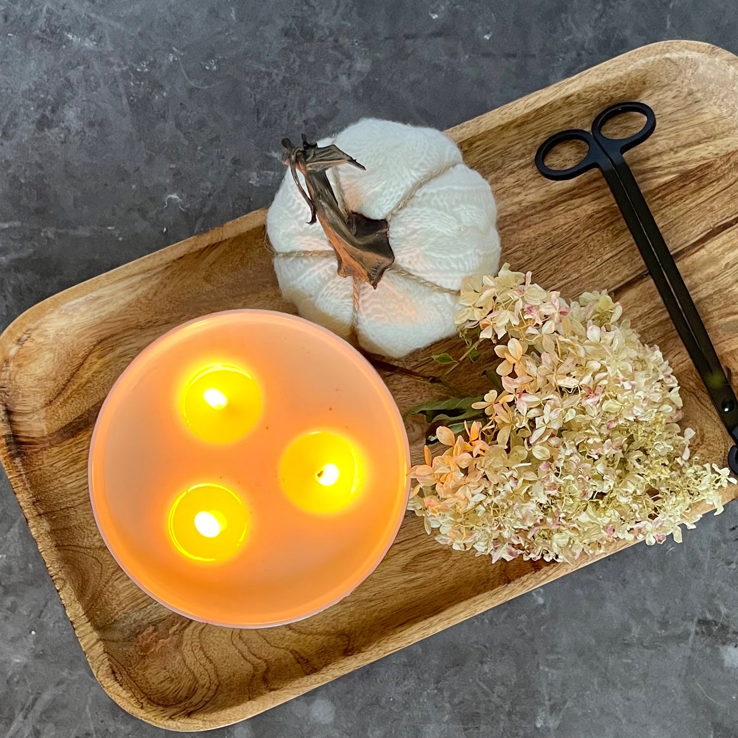 Hand painted fall candle in shades of plum, red, orange and yellow, scented candle for fall