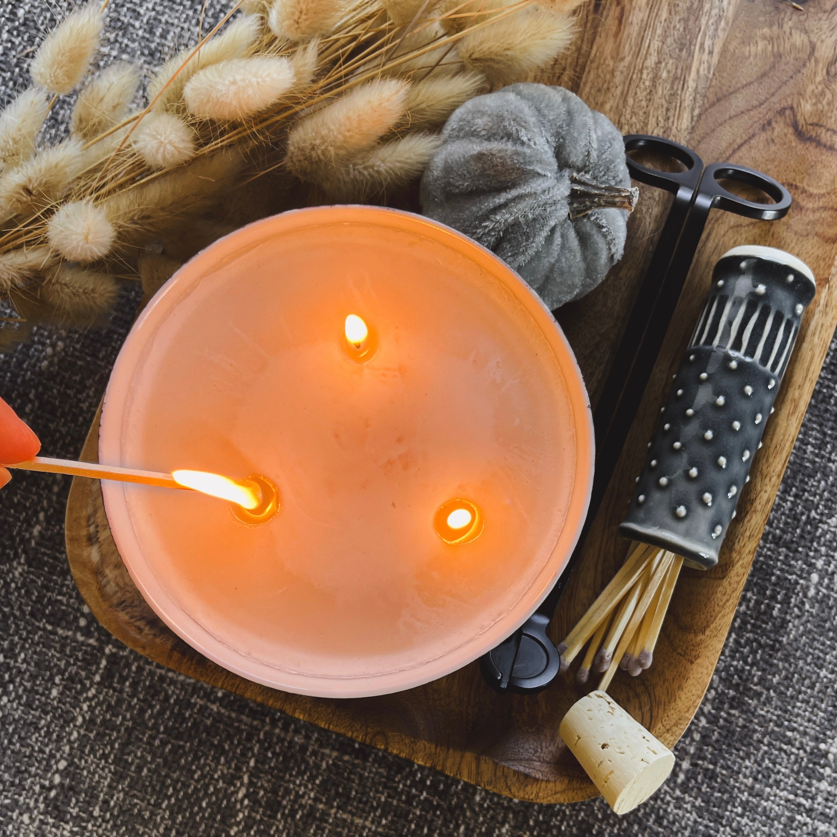 Unique fall candle hand painted in mottled grays and browns, scented soy candle for fall