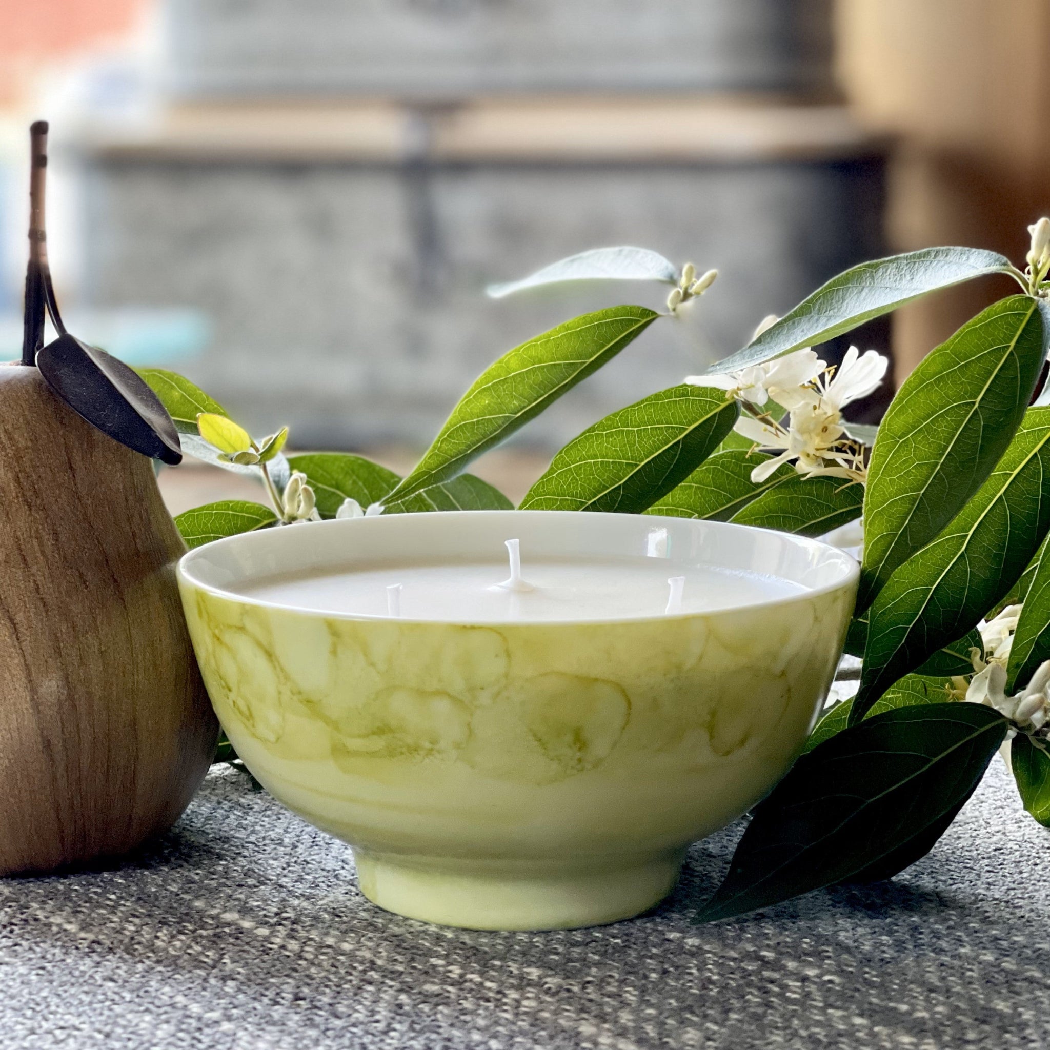 Ceramic candle handpainted in bright mossy green