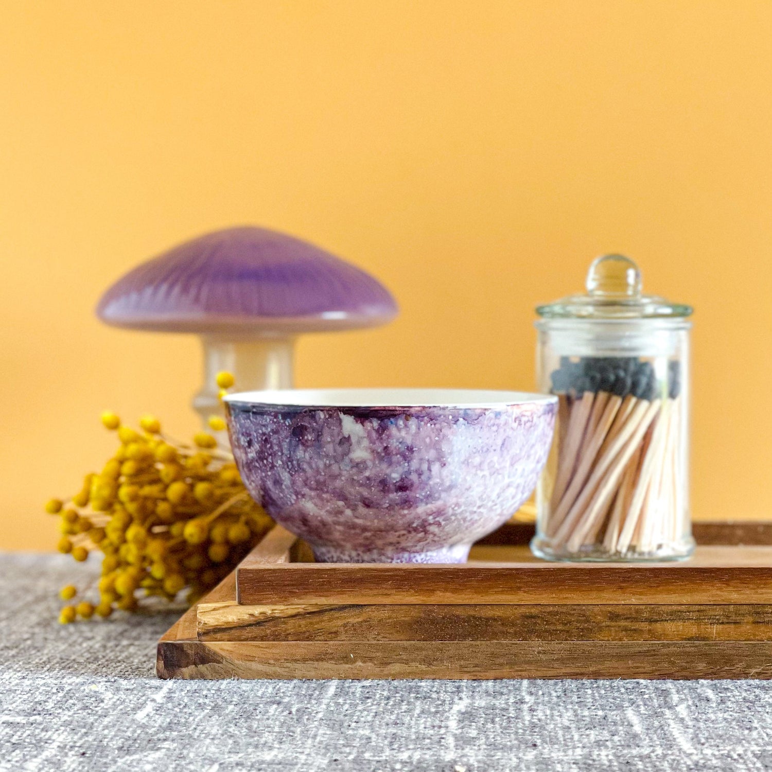 mottled purple handpainted three wick ceramic candle