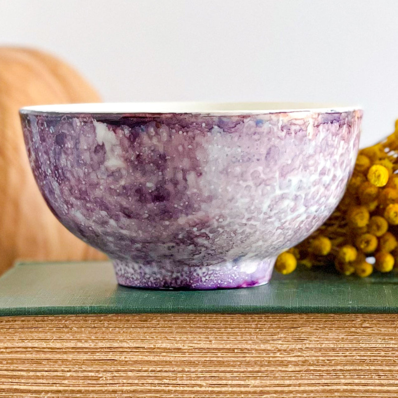 mottled purple handpainted three wick ceramic candle