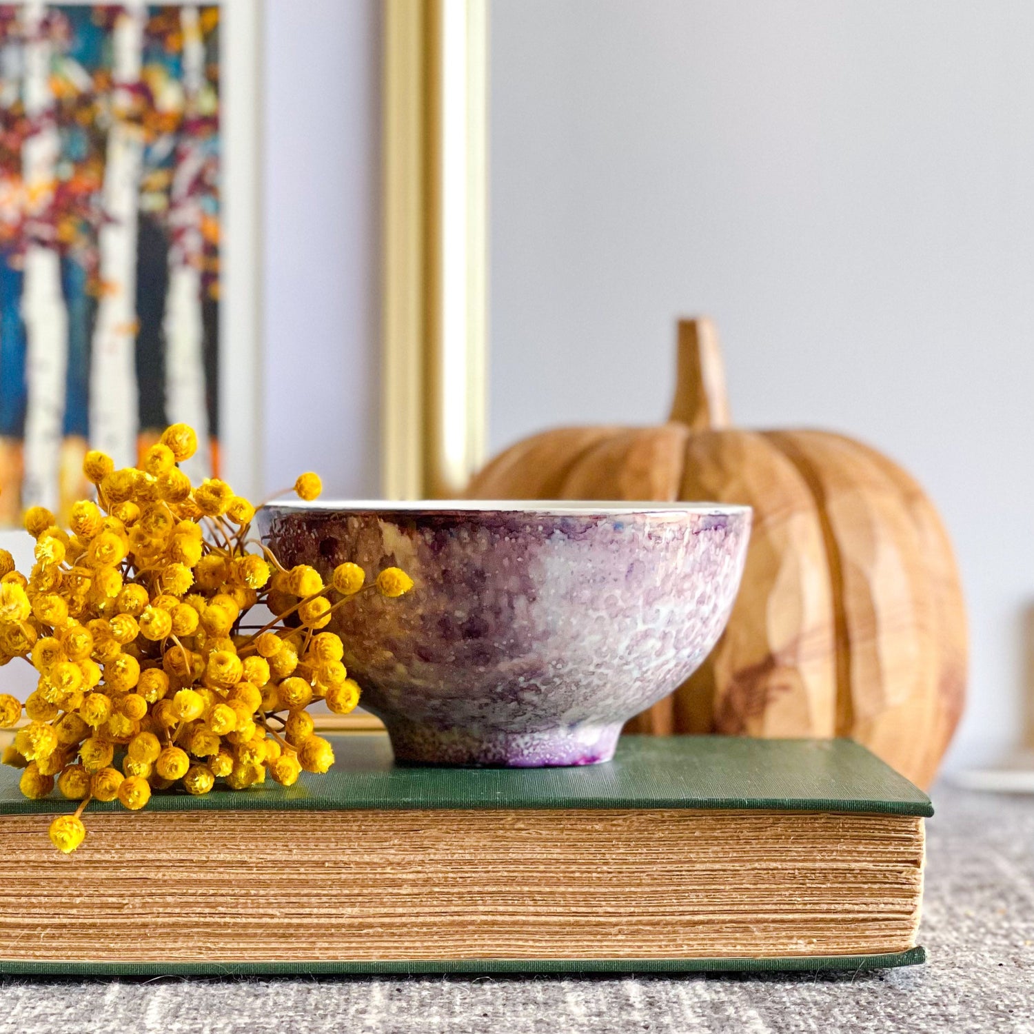 mottled purple handpainted three wick ceramic candle
