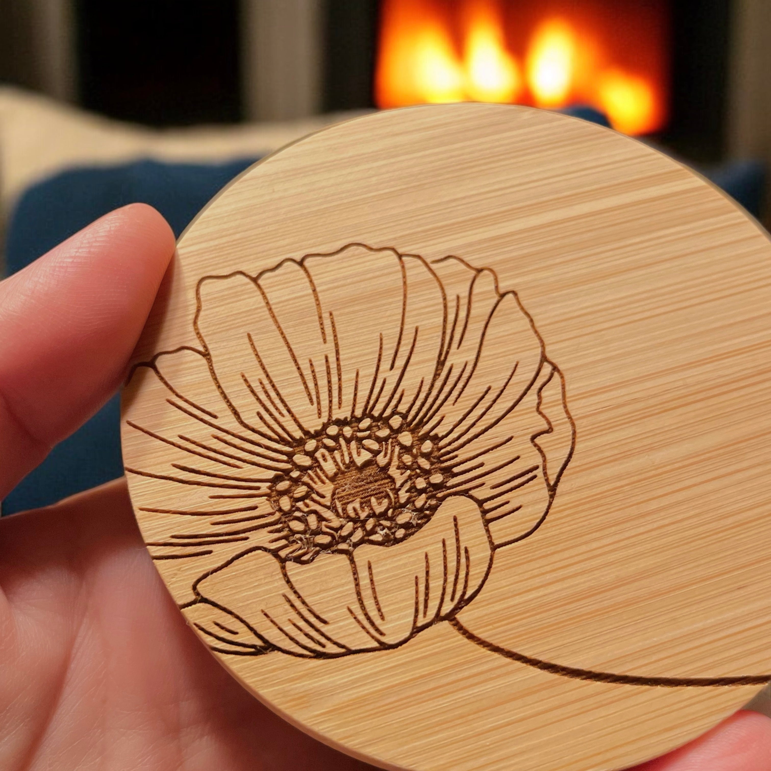 Laser engraved bamboo lids for unique hand painted tall candles