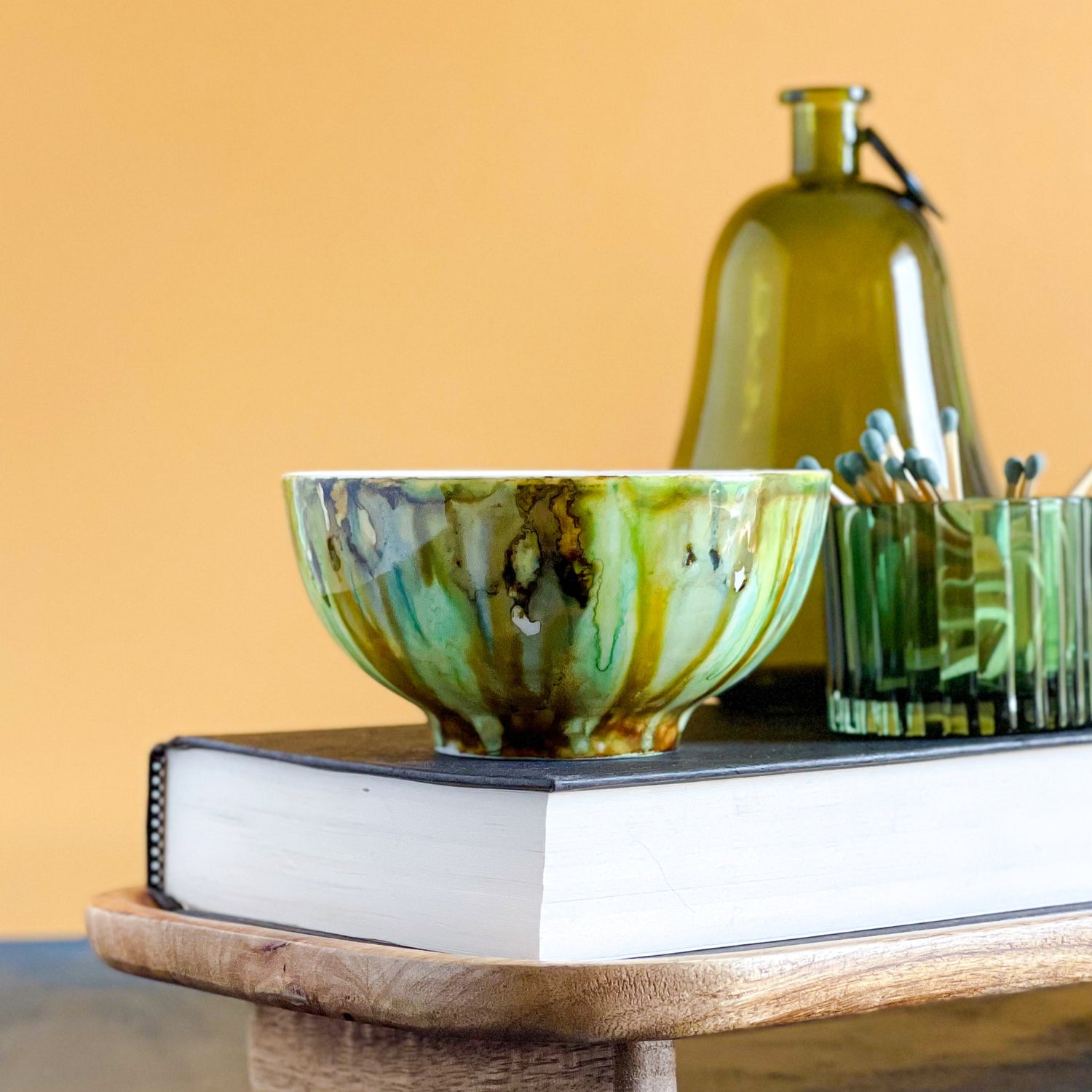 muted green and brown handpainted three wick ceramic candle