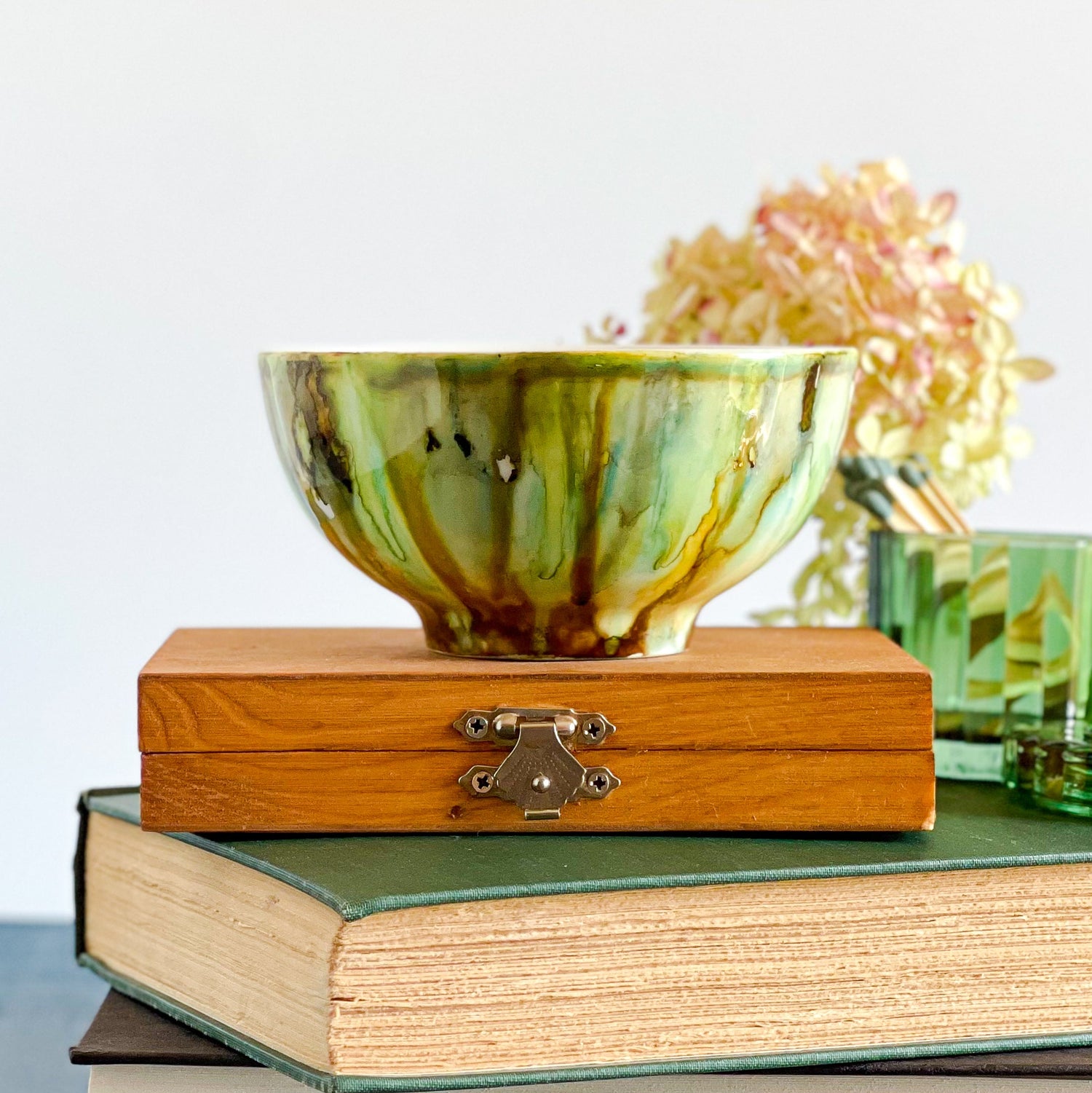 muted green and brown handpainted three wick ceramic candle