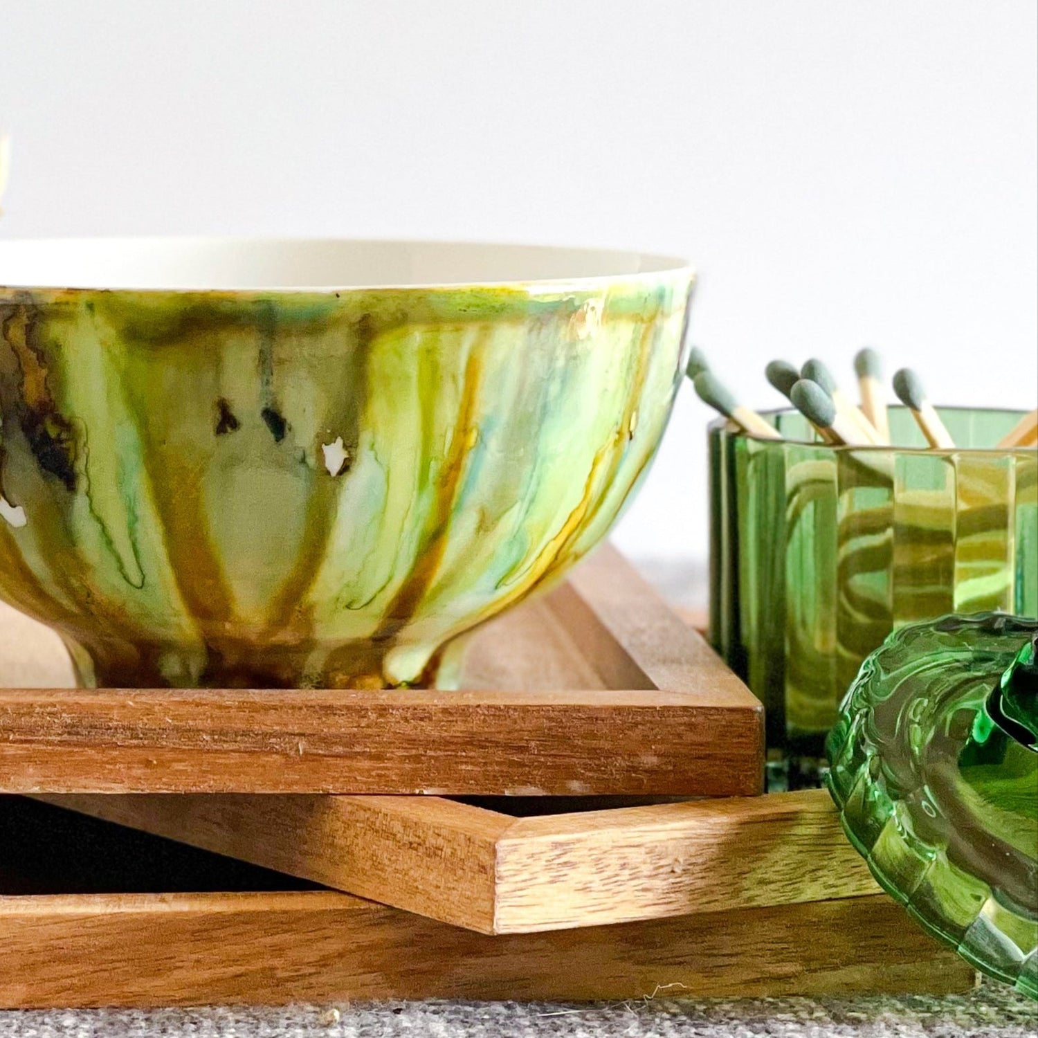 muted green and brown handpainted three wick ceramic candle