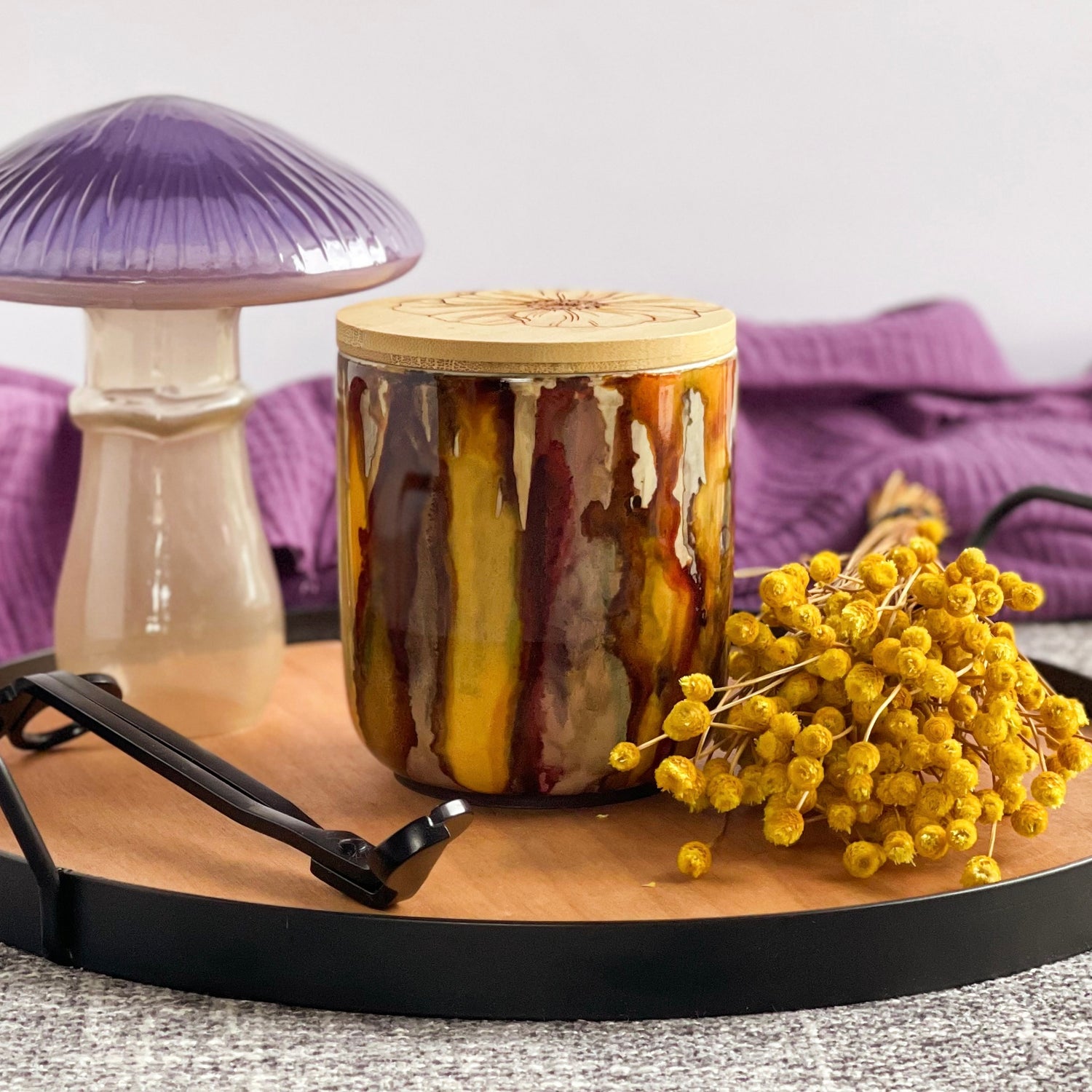 Handpainted ceramic candle in multiple shades of rich browns a touch of cinnamon color and ample golden yellow, unique candles for fall