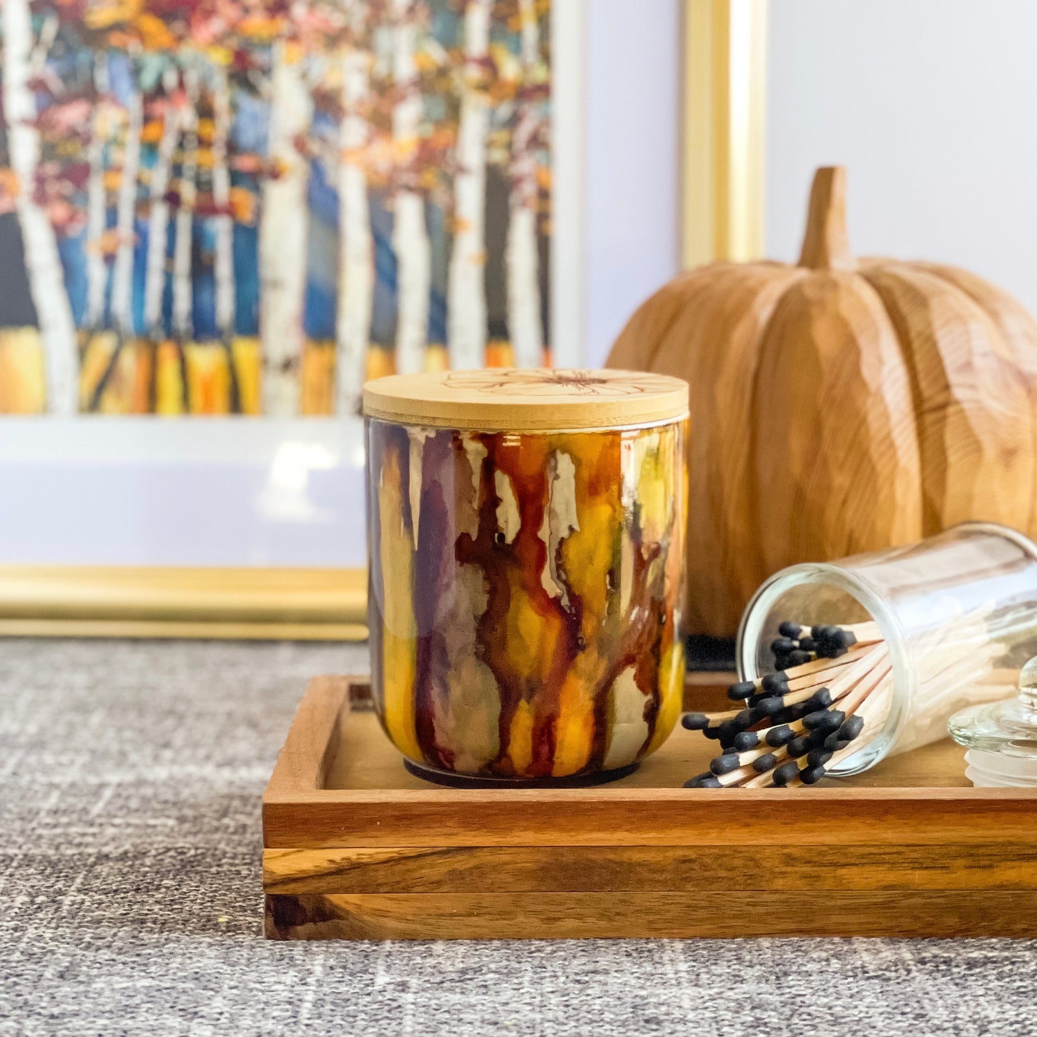Handpainted ceramic candle in multiple shades of rich browns a touch of cinnamon color and ample golden yellow, unique candles for fall