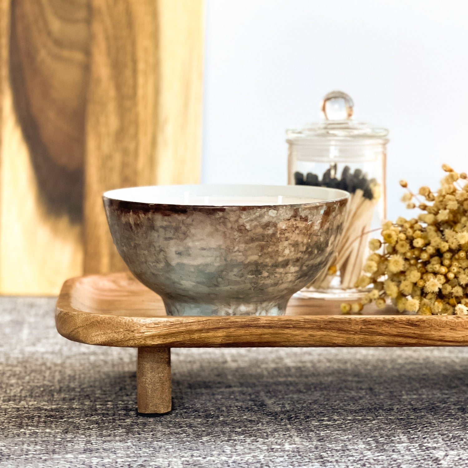 Unique fall candle hand painted in mottled grays and browns, scented soy candle for fall