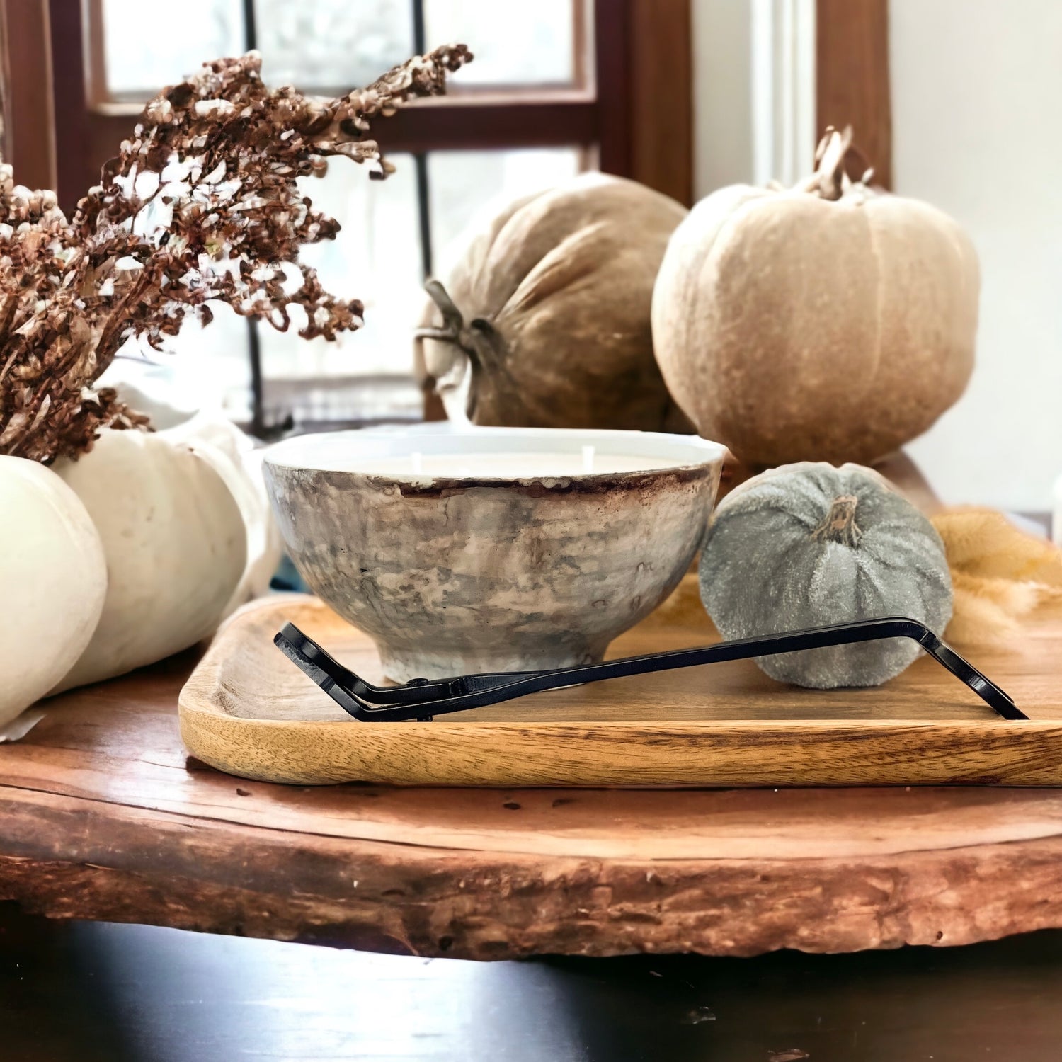 Unique fall candle hand painted in mottled grays and browns, scented soy candle for fall