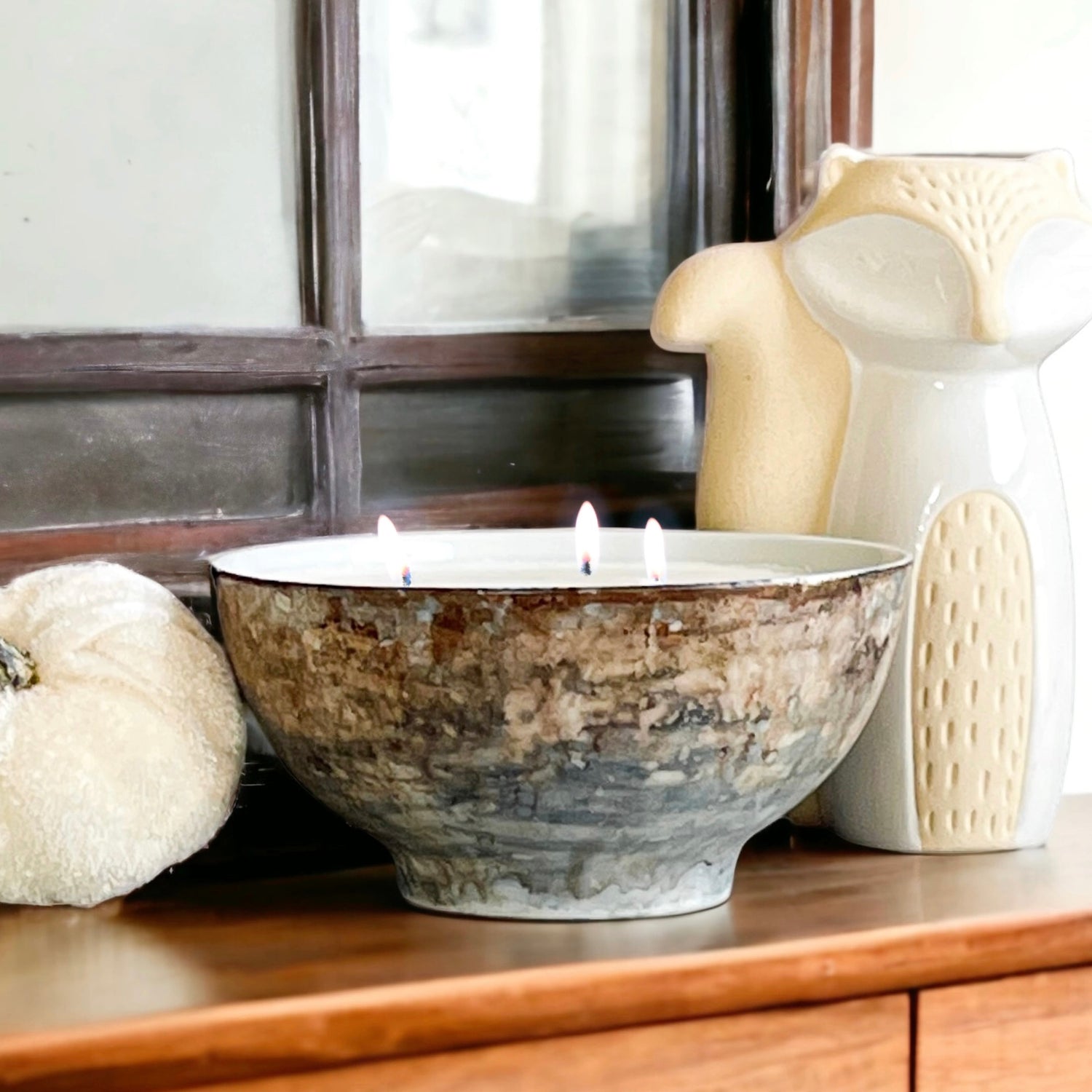 Unique fall candle hand painted in mottled grays and browns, scented soy candle for fall