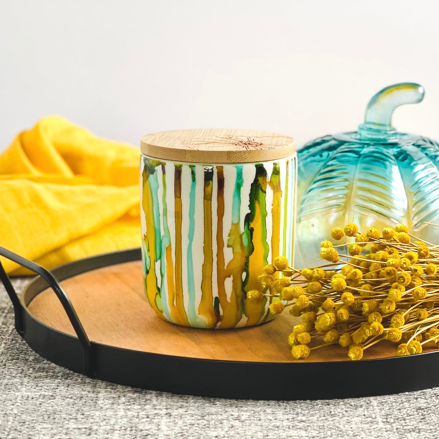 Handpainted ceramic candle drippy teal and golden yellow, unique candles for fall