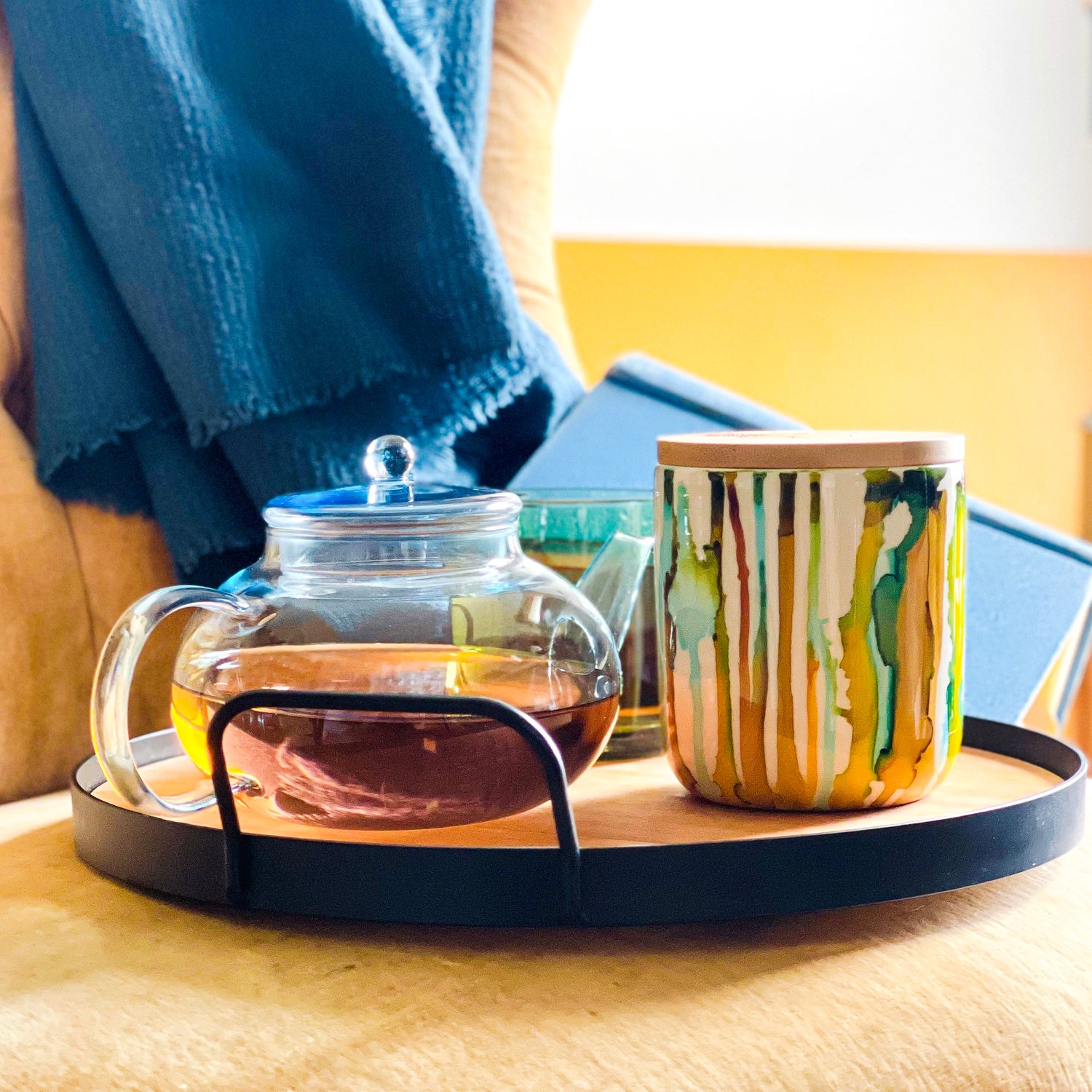 Handpainted ceramic candle drippy teal and golden yellow, unique candles for fall