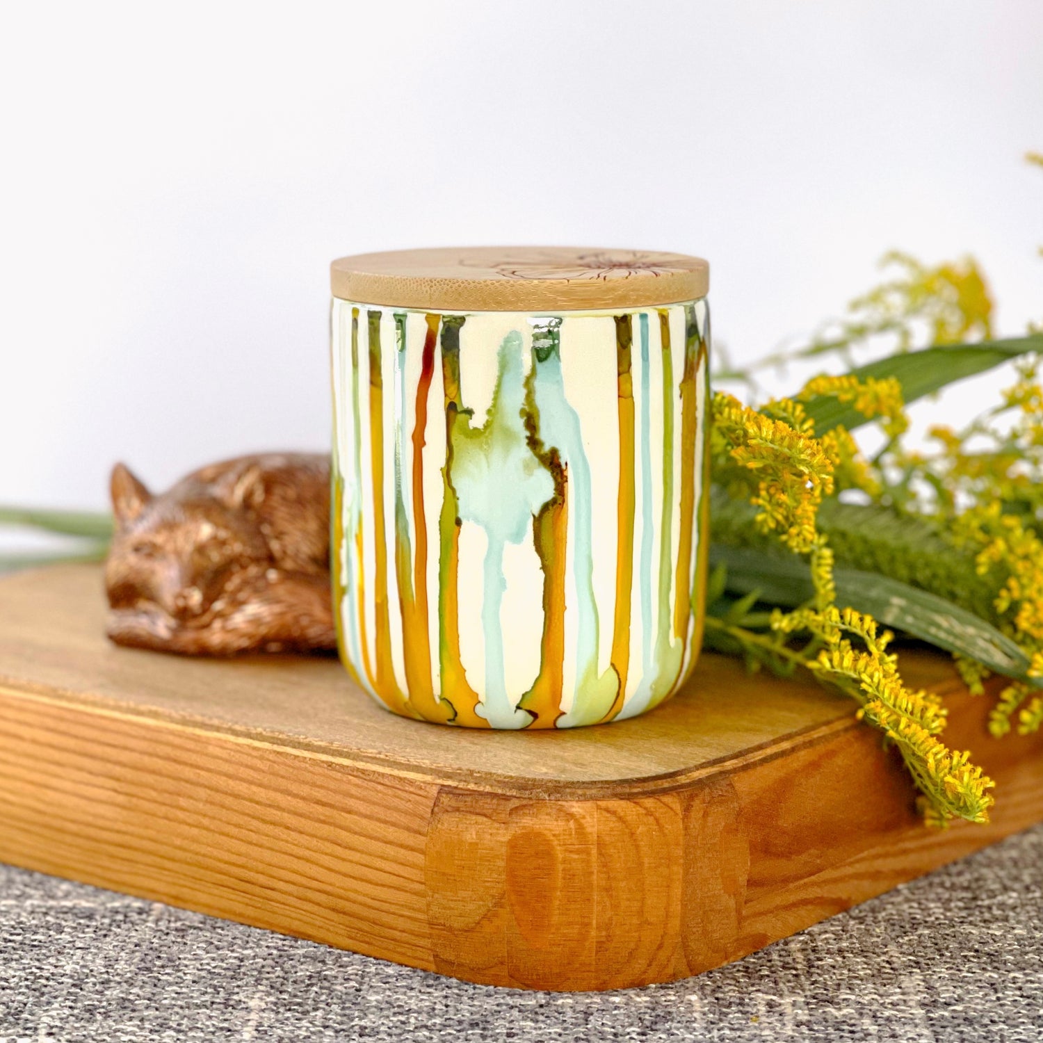 Handpainted ceramic candle drippy teal and golden yellow, unique candles for fall