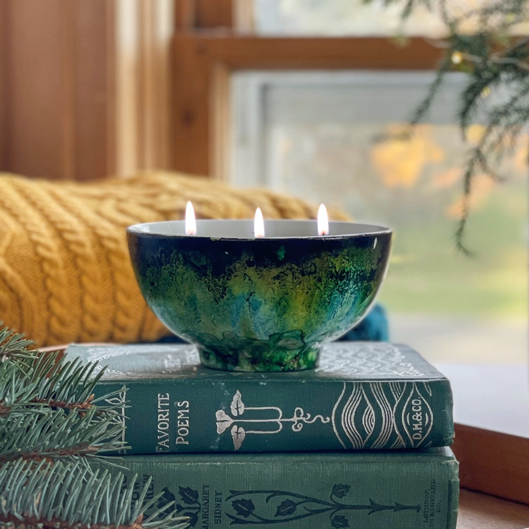 dark green and teal hand painted ceramic soy candle, scented soy candles for the holidays