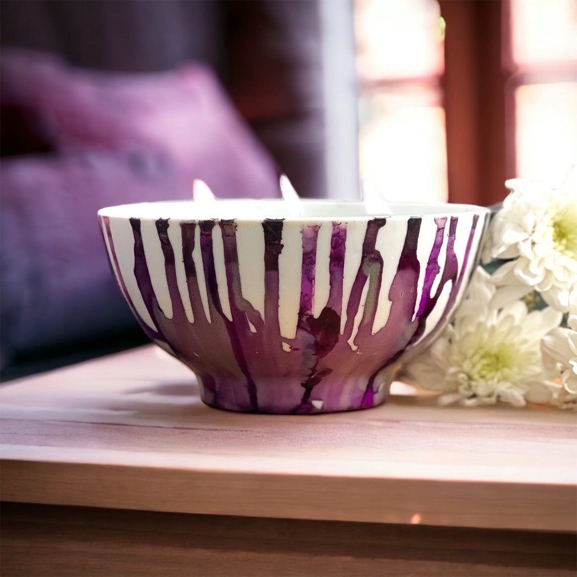 Hand painted purple and white fall candle, unique fall candle, scented soy candle for fall