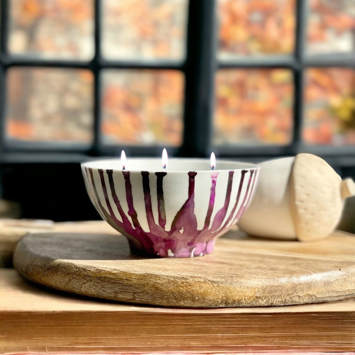 Hand painted purple and white fall candle, unique fall candle, scented soy candle for fall