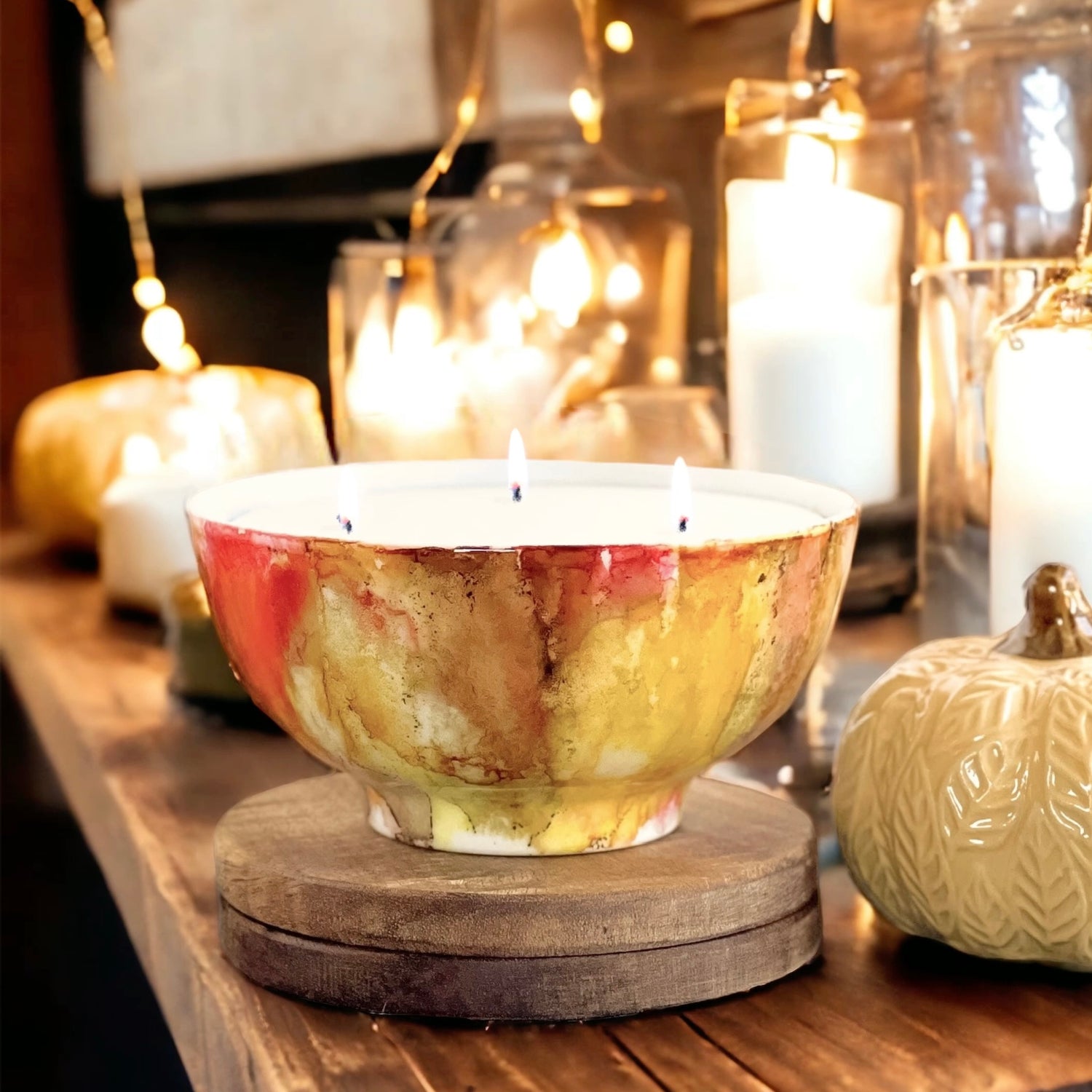 Deep red, dark yellow and soft brown fall candle in a ceramic vessel, unique candle for fall