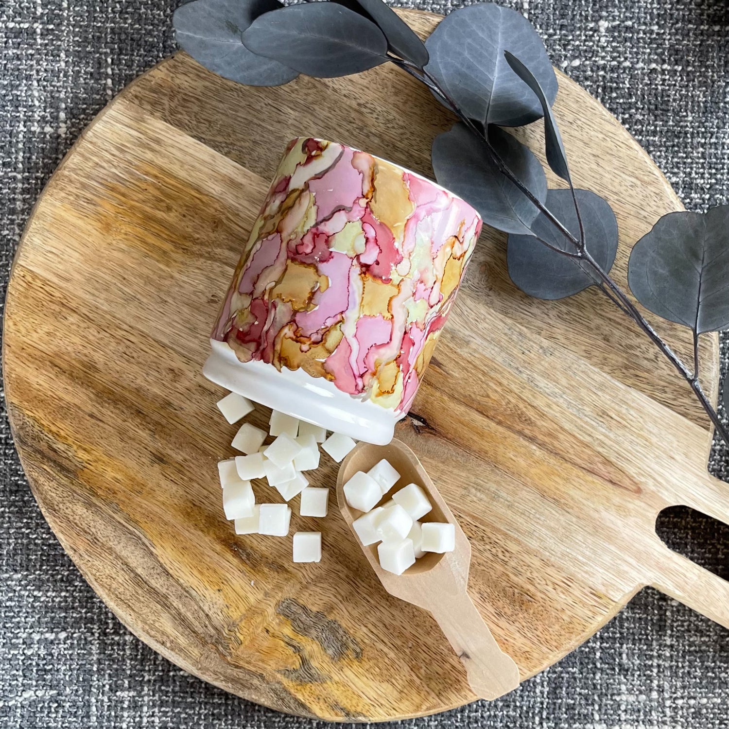 pourable wax melts in hand painted ceramic jar