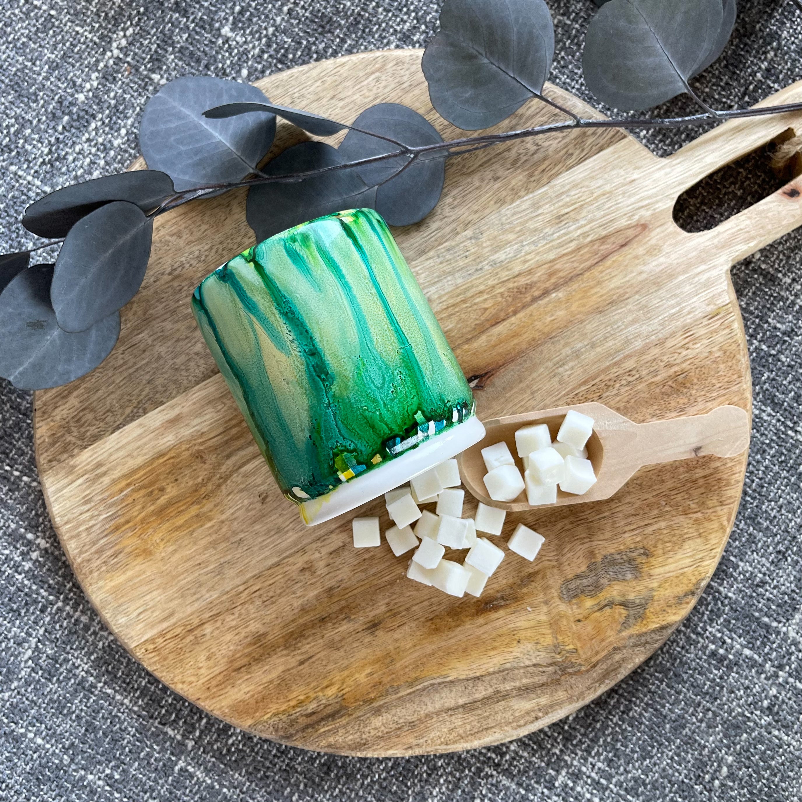 pourable wax melts in hand painted ceramic jar