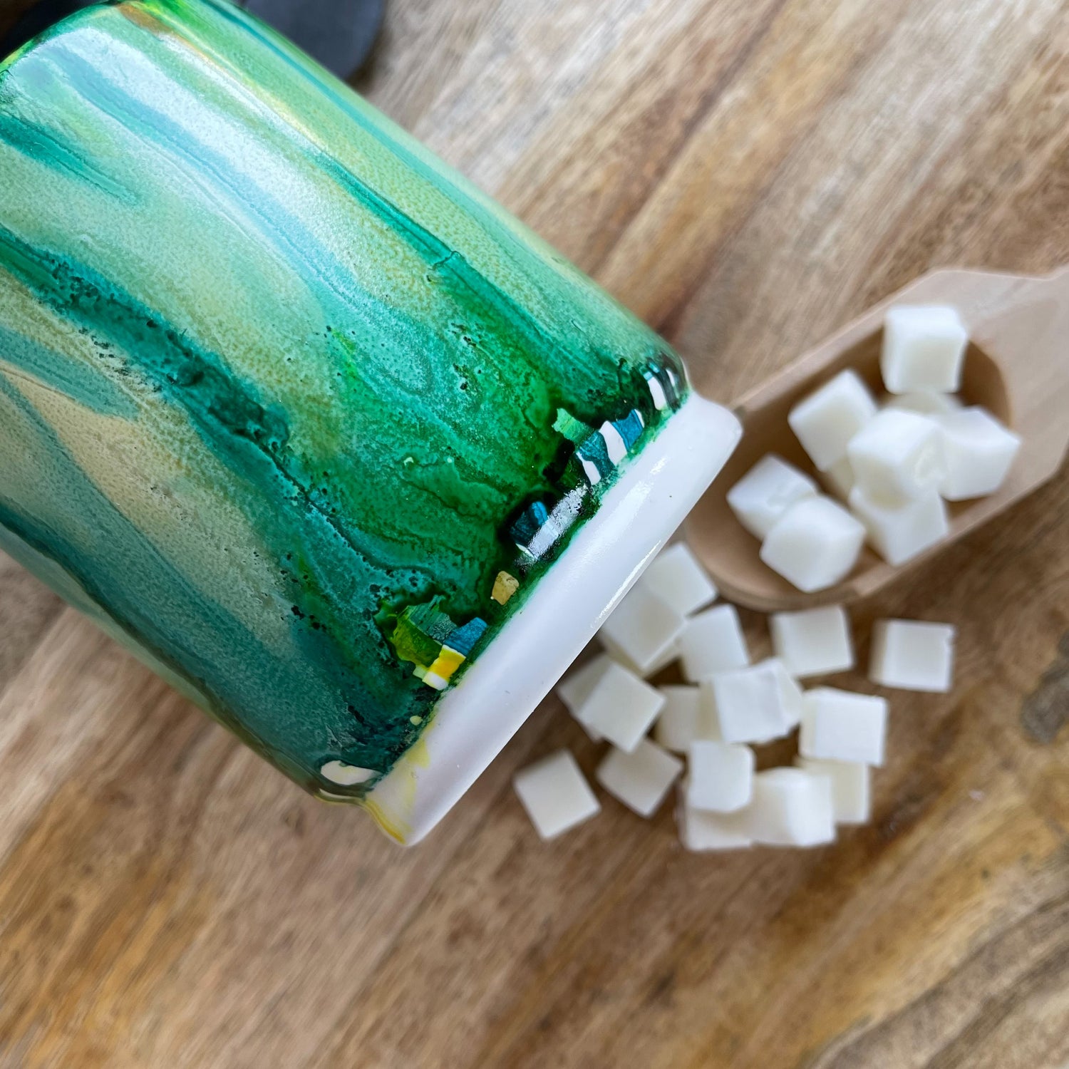 pourable wax melts in hand painted ceramic jar