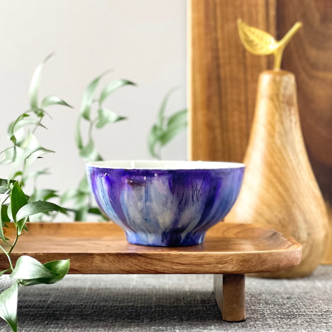 blue and purple hand painted scented candle