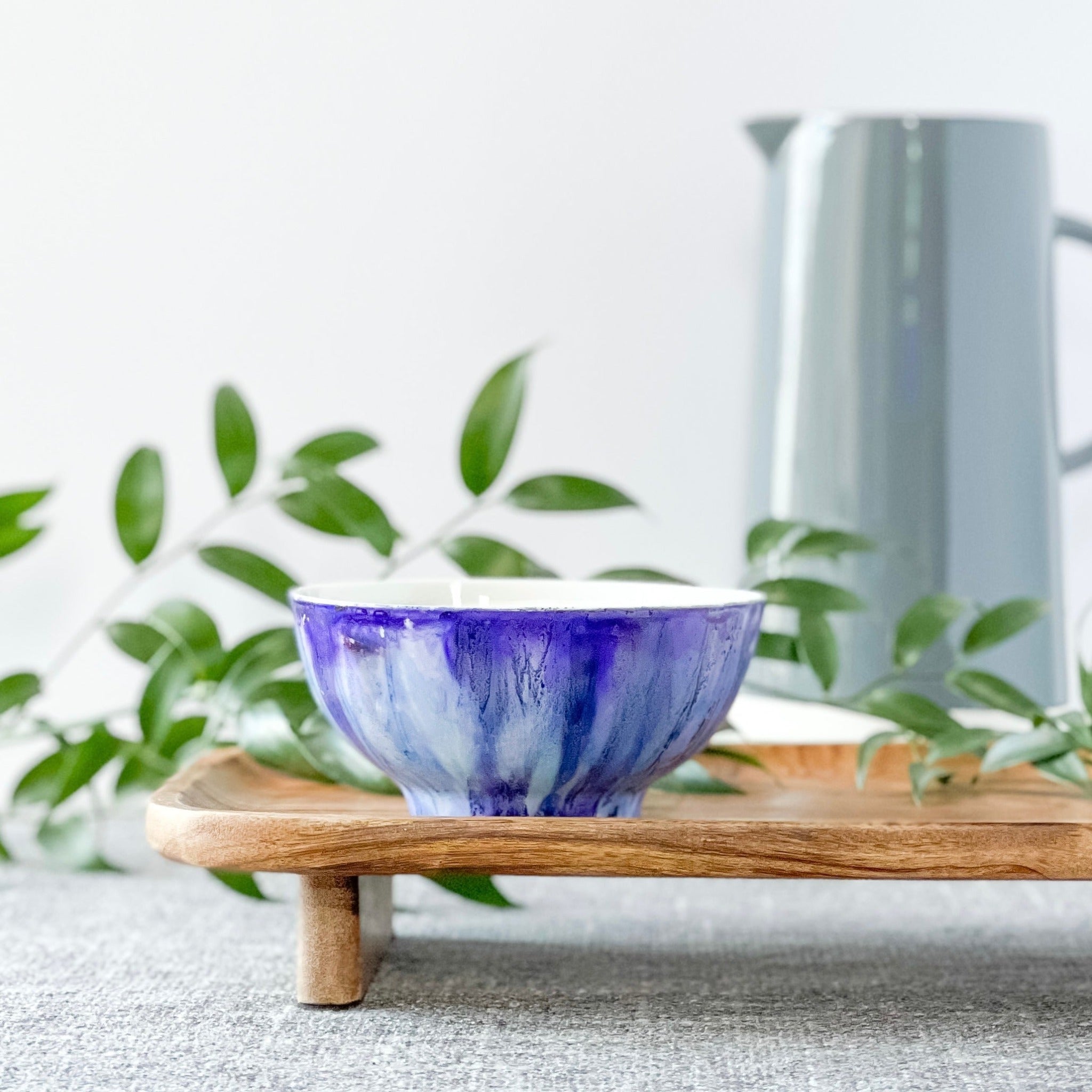 blue and purple hand painted scented soy candle