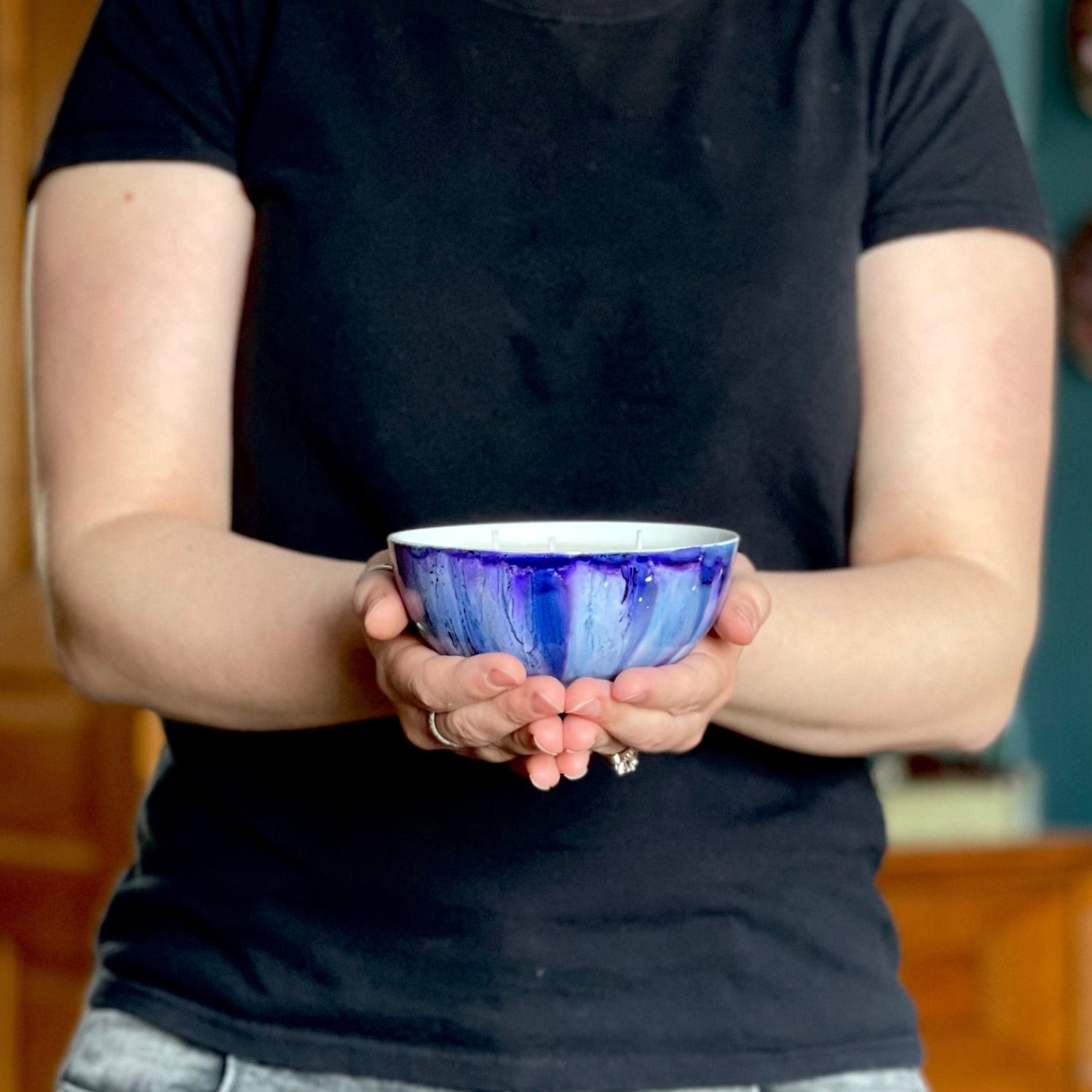 blue and purple scented soy candle