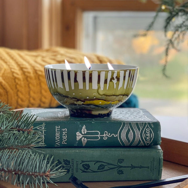 handpainted green and brown ceramic candle, scented holiday soy candle