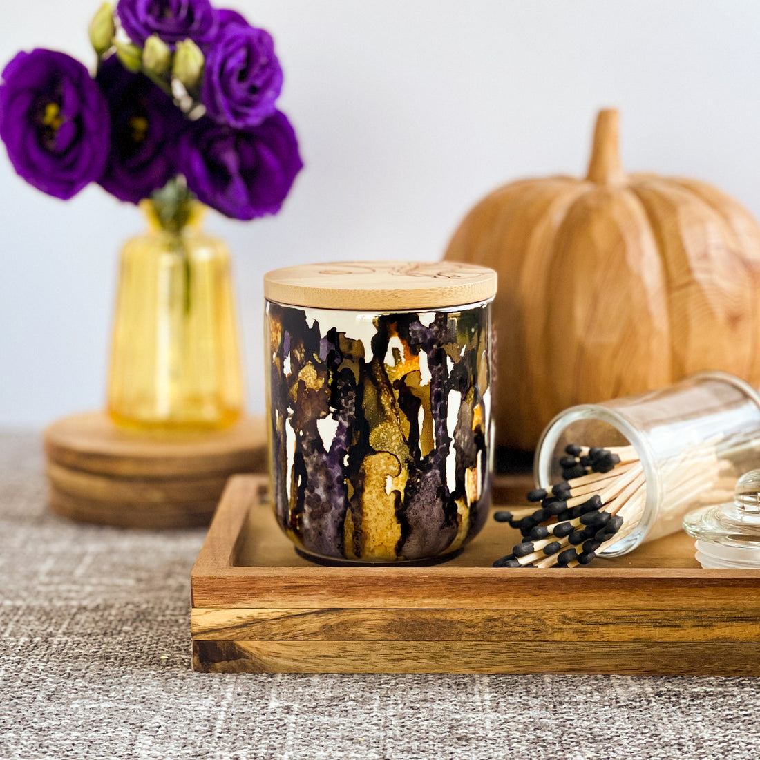 Mottled purple, mocha, and golden yellow handpainted ceramic candle, unique candles for fall
