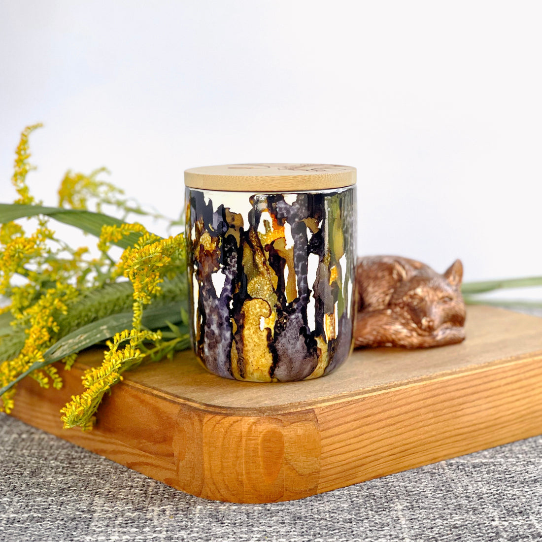 Mottled purple, mocha, and golden yellow handpainted ceramic candle, unique candles for fall