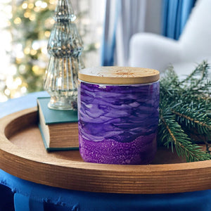 Handpainted vivid purple ceramic candle with floral engraved bamboo lid