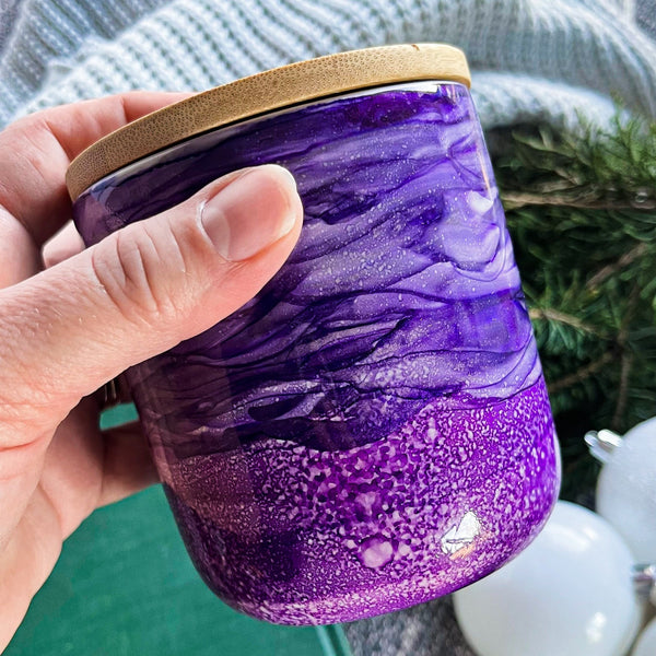 Handpainted vivid purple ceramic candle with floral engraved bamboo lid